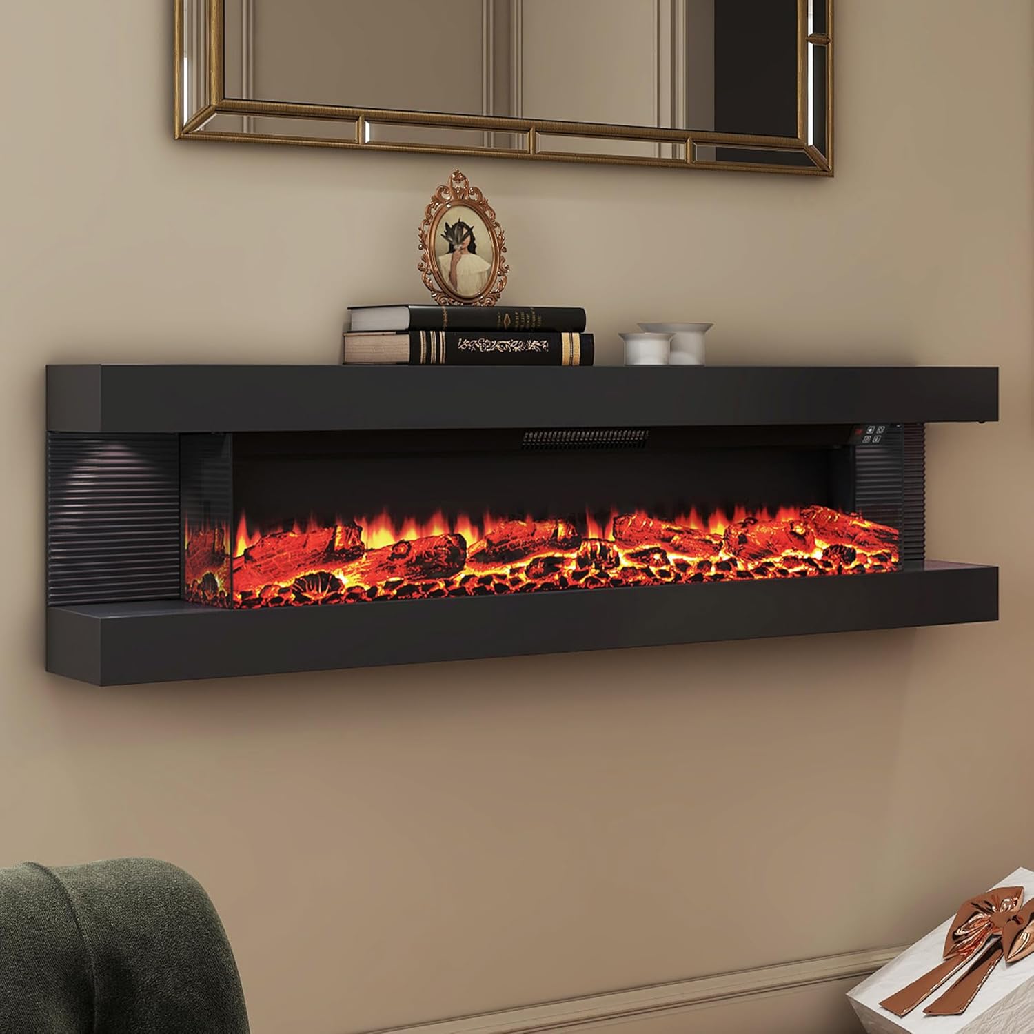3 Sided Wall Mount Electric Fireplace, 60" Floating Fireplace with LED Side Lights, Remote Control, Multicolor Flame, Timer, Log & Crystal, 700W/1500W Hanging Fireplace Heater, Black