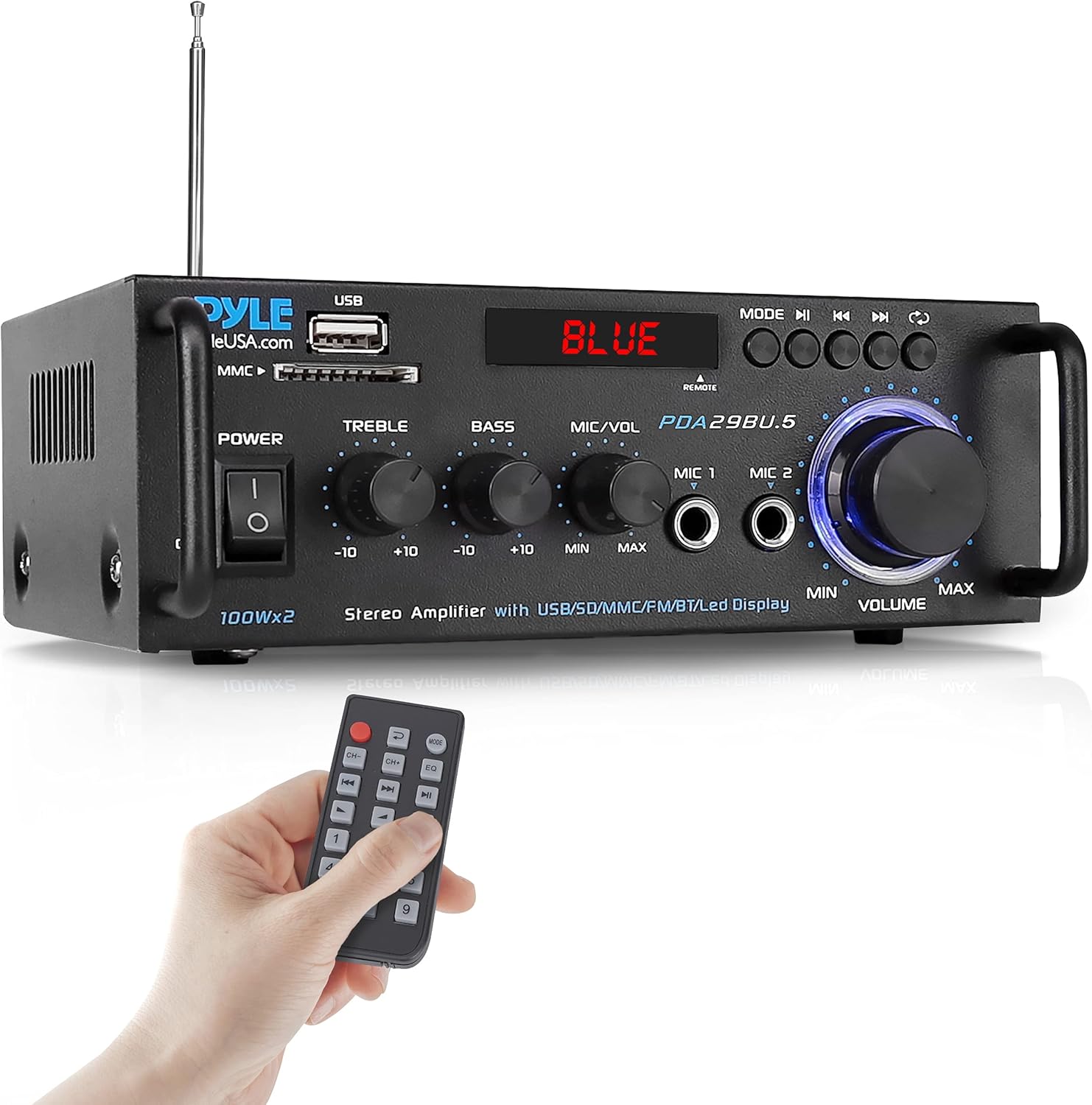 Pyle Stereo Power Amplifier 200 W Peak w/ Bluetooth Wireless, LED Display, Dual Channel Audio Stereo Receiver w/ RCA, USB, SD, MIC in, FM Radio, Perfect For Home Computer via RCA, PDA29BU.5