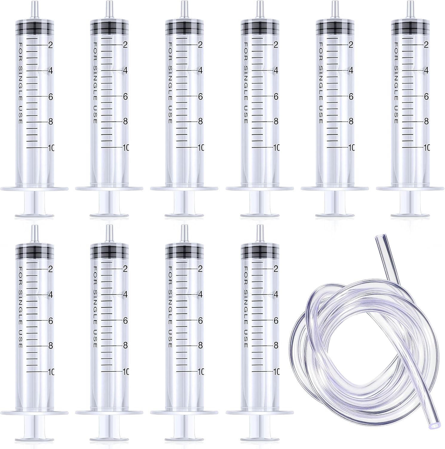 Nuanchu 11 Pieces 10ml Plastic Syringe with 3 ft Hose Tube Set Measuring Syringe for Scientific Labs Glue Applicator Experiments Refilling Feeding Use(0.6 x 4.1 Inch)