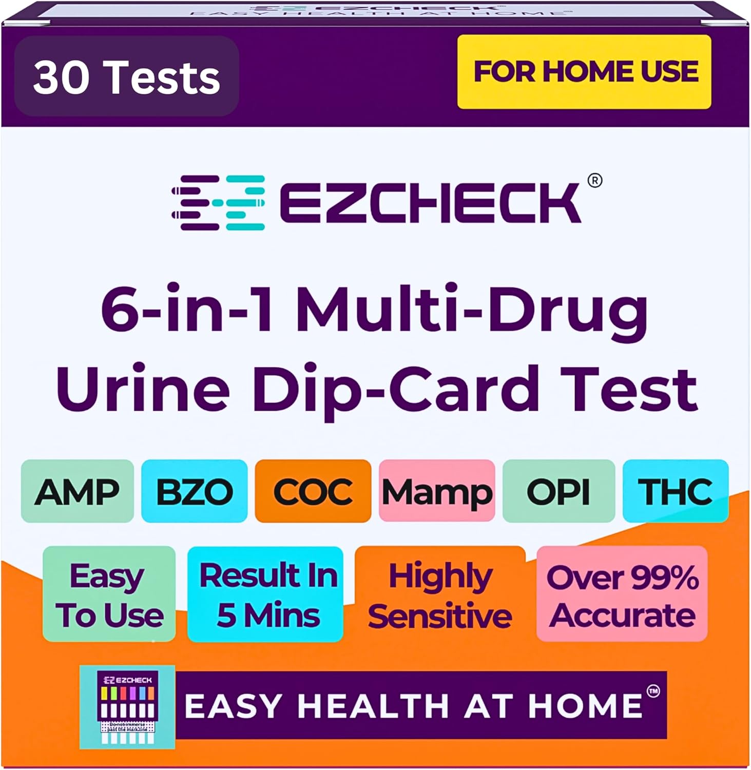 [30 Pack] EZCHECK® 6-Panel Drug Test - at-Home Rapid Urine Screening Kit for 6 Most Used Drugs: (THC-Marijuana, BZO-Benzos, MET-Meth, OPI/MOP-Opiates, AMP-Amphetamine, COC) - FSA/HSA Eligible