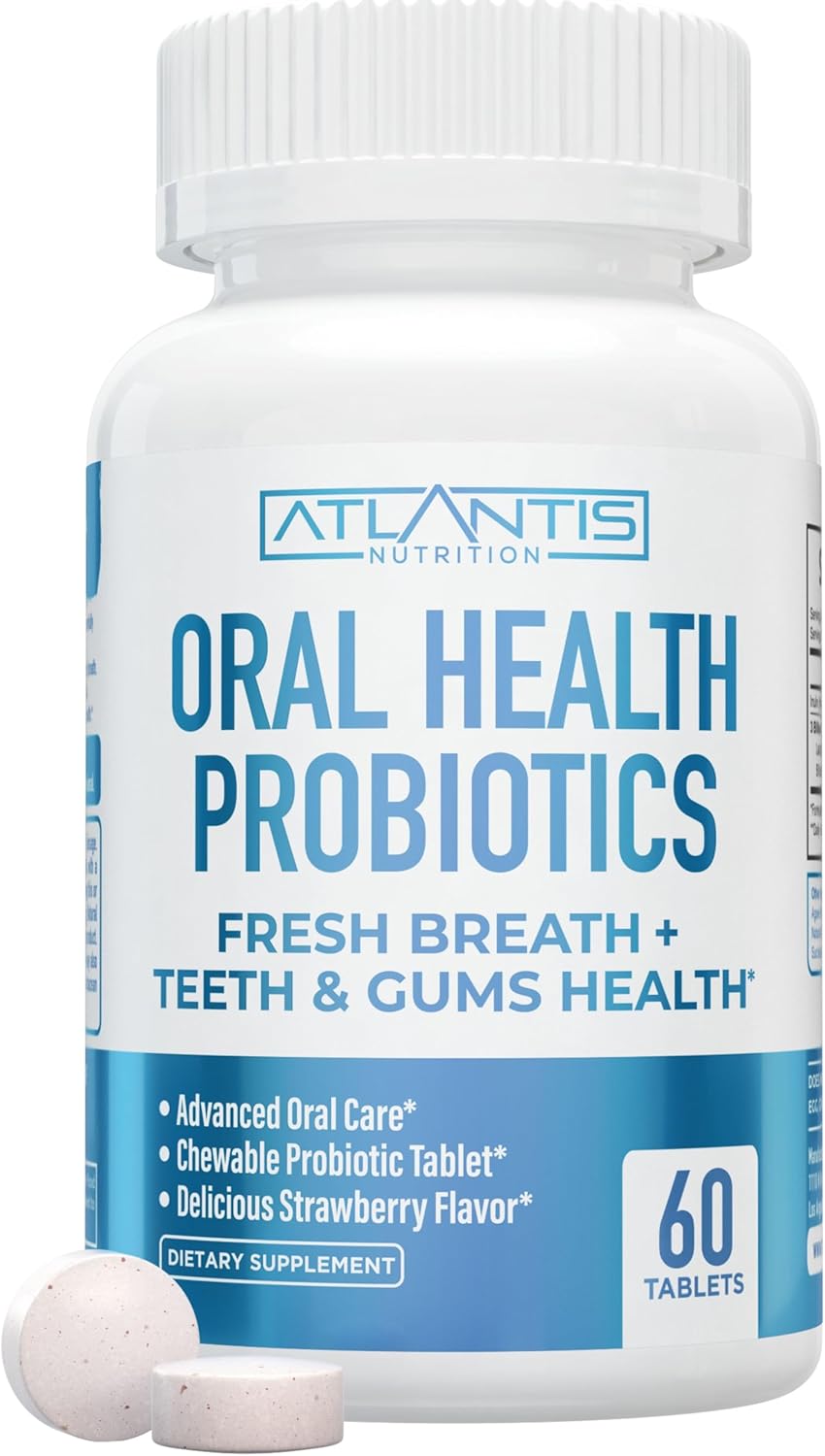 Atlantis Nutrition Oral Probiotics Chewable Tablet - Dental Probiotic for Gum Care & Teeth Care - Bad Breath Treatment for Adults - 3 Billion CFU Probiotic Blend - Strawberry Flavor - 60 Tablets