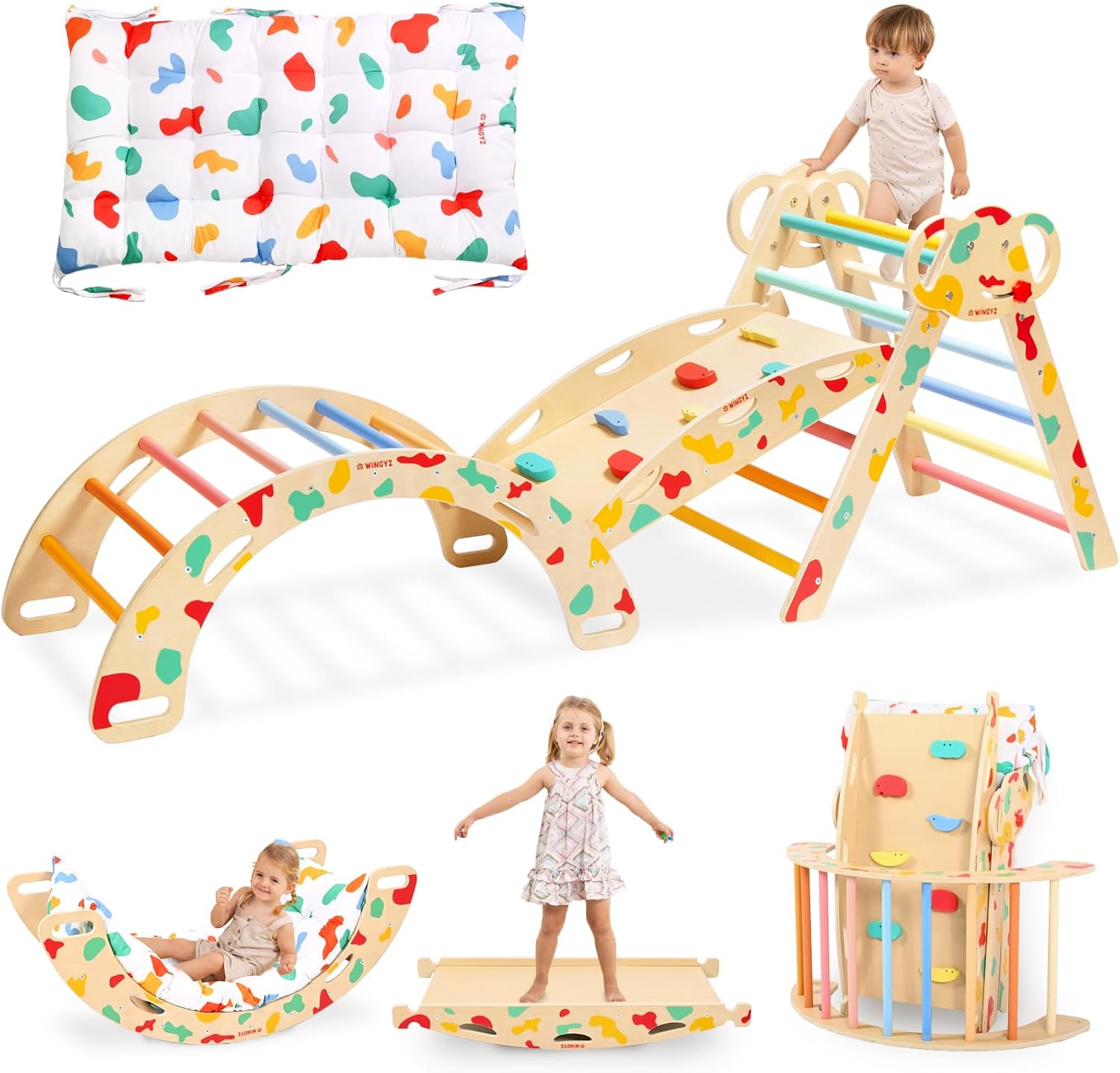 WINGYZ Pikler Triangle Set, Montessori 8-in-1 Climbing Set with Cushion