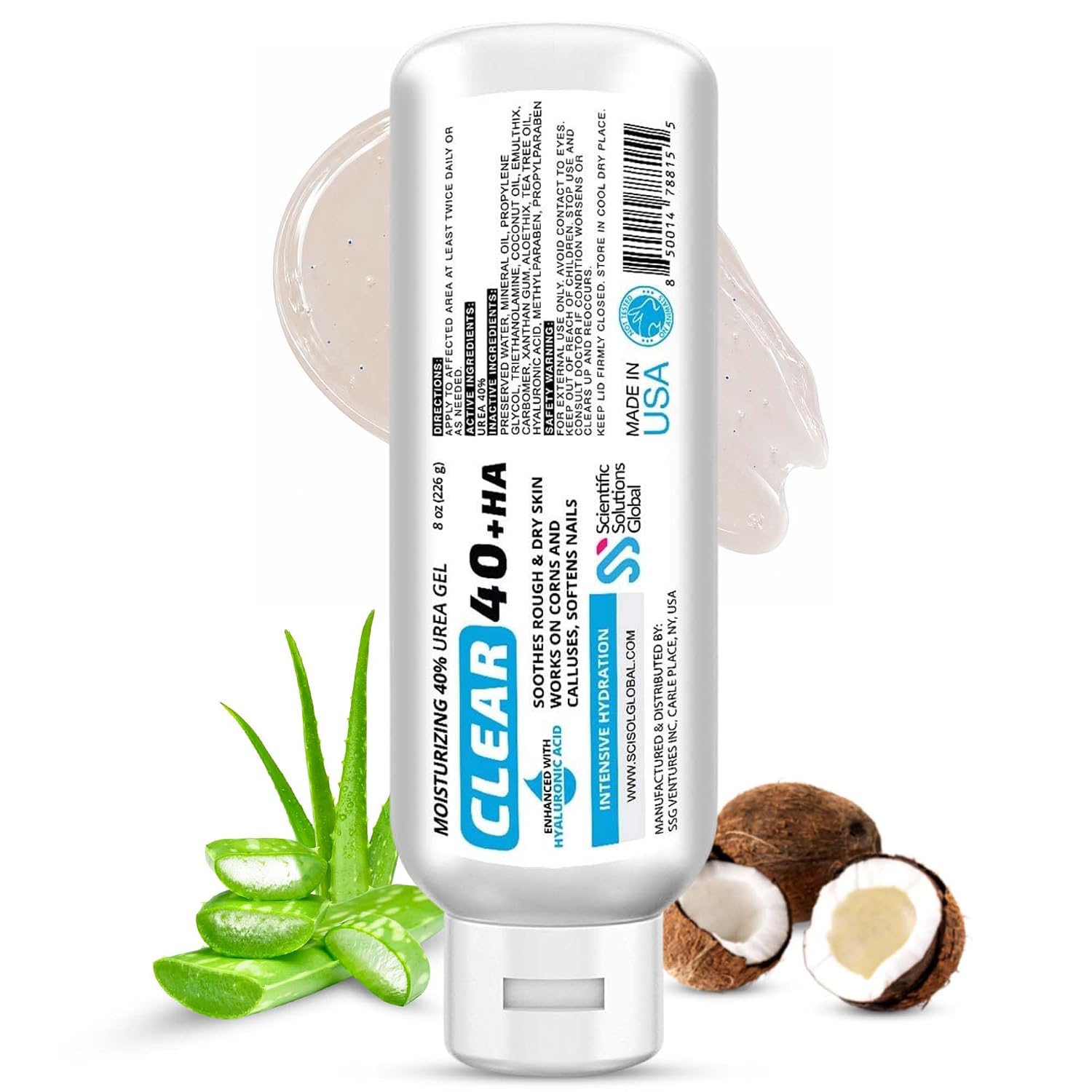 Urea 40% + 1% Hyaluronic Acid 8oz,Urea Gel Infused w/Tea Tree & Coconut Oil | Callus & Corn Remover Softens Cracked Heels, Feet, Elbows, Hands, Nails, Superior hydration to Urea Creams