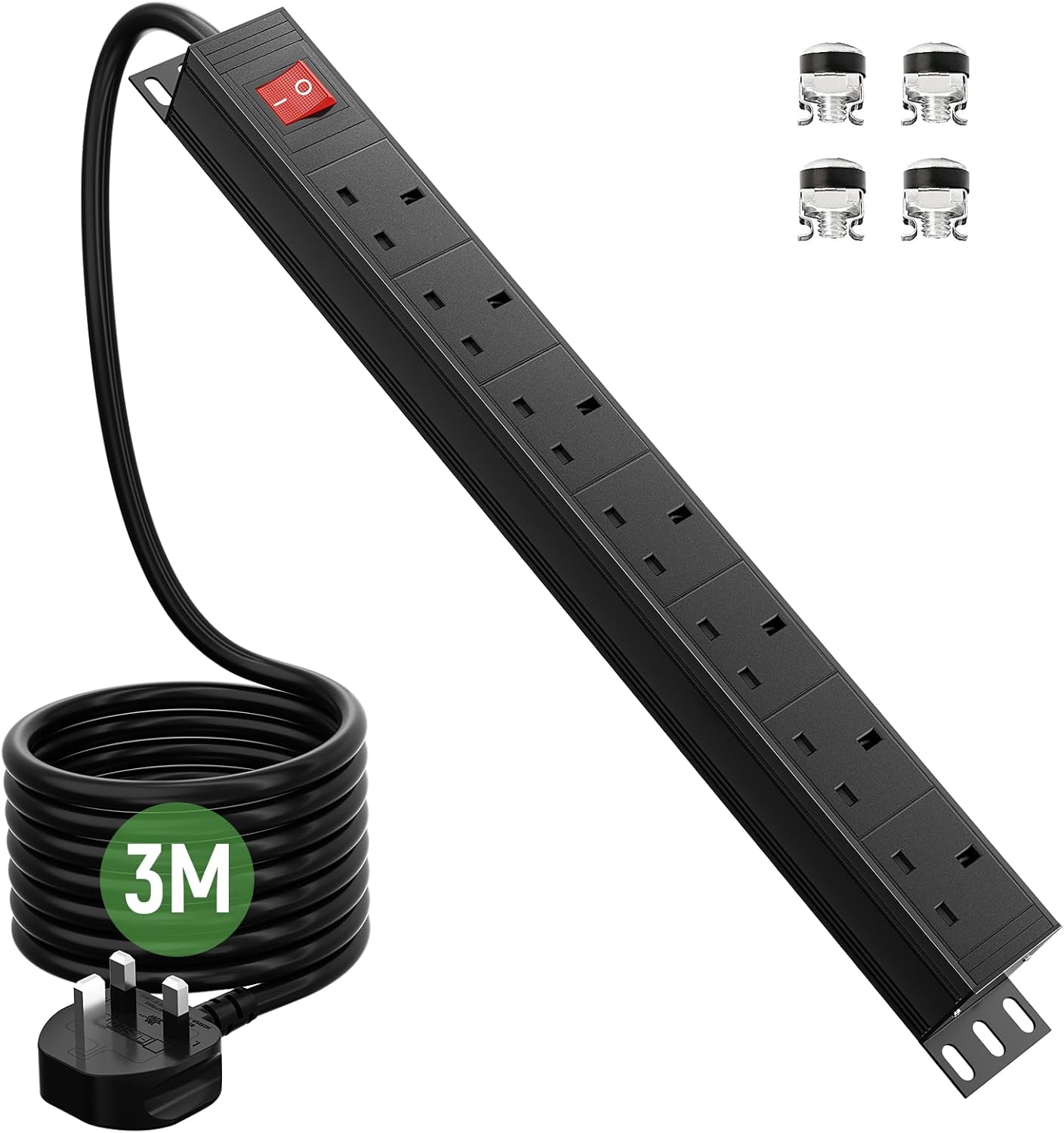Surge Protected Extension Lead 3M, HANNELORE 7 Way Power Strip with Switch, Power Distribution Unit PDU Rack Mount Power Strip, 13Amp Multi Plug Extension Sockets for Home, Office and Industrial Use