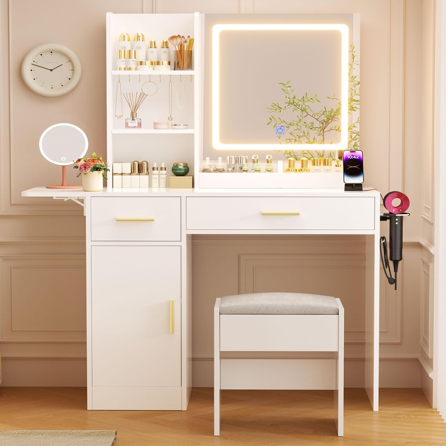 ERLEJIA Vanity Desk with Mirror and Lights & Extral Foldable Desk, 31.5" & 39.3" Makeup Vanity Table with 4 Drawers and 3 Open Shelves, Dressing Table for Bedroom, White
