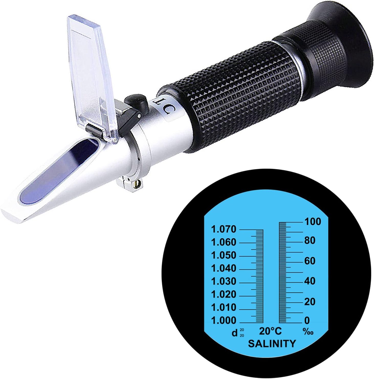 Salinity Refractometer for Aquarium Salinity Tester Refractometer with ATC and Dual Scales 0~100‰& 1.000-1.070 Specific Gravity Saltwater Refractometer for Seawater Marine Fishkeeping
