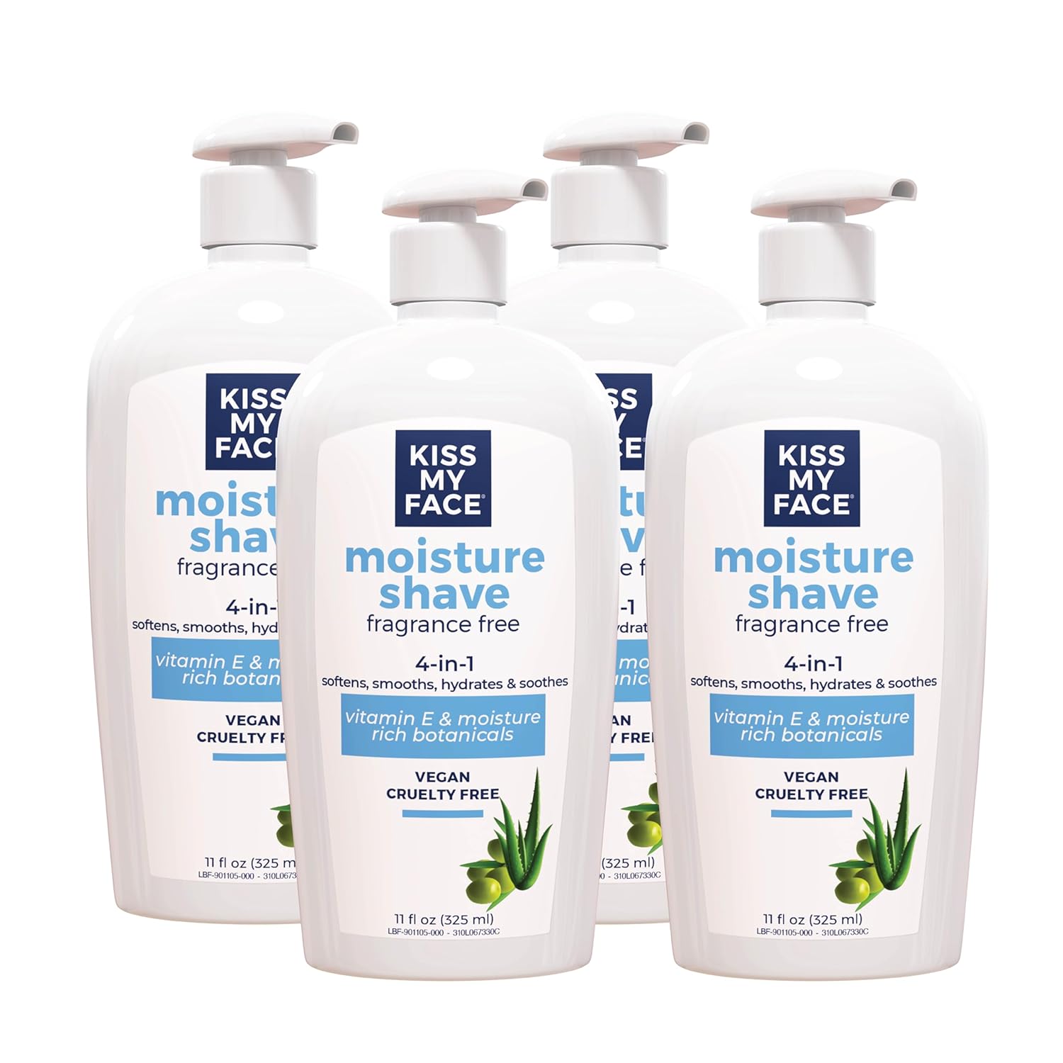 Kiss My Face Moisture Shave Cream, Fragrance Free Shaving Cream for Men and Women, 11 oz Pump Bottle, 4 Pack (Packaging May Vary)