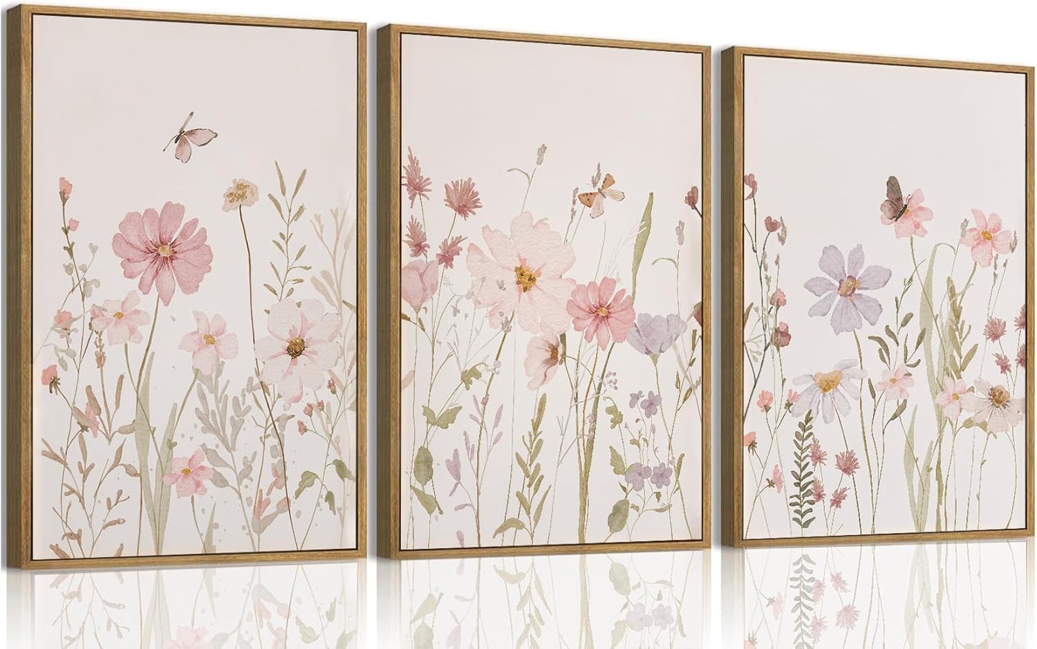 Wodkwq 3 Piece Wildflower Canvas Wall Art Framed,Pink Watercolor Flower Wall Decor,Vintage Floral Pictures,Botanical Nursery Prints For Bedroom,Living Room 12x16in