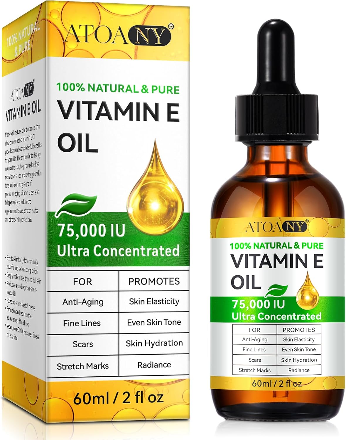 Vitamin E Oil 75,000 IU 2 Fl Oz - 100% Pure Vitamin E Oil for Skin, Face, Hair, Body - Natural Antioxidant for Dryness, Wrinkles, Scars & Stretch Marks, Moisturizing and Firming Skin