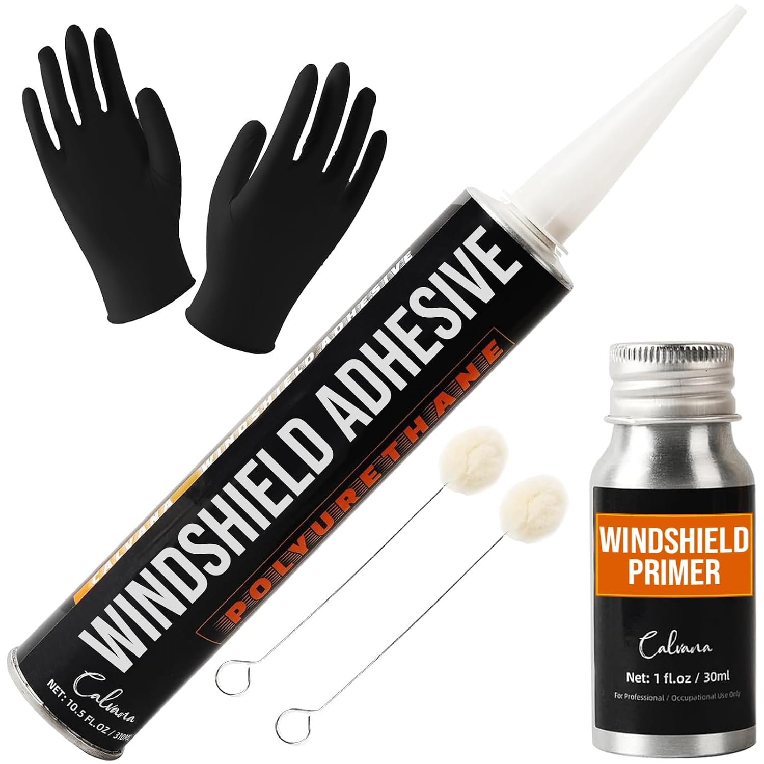 Calvana Urethane Windshield Adhesive 310ml, Automotive Polyurethane Sealant, Car Glass Chip & Crack Repair Kit with 1 windshiel Primer, 1 Pair Gloves, 2 Applicator Sticks, Quick Curing, Black