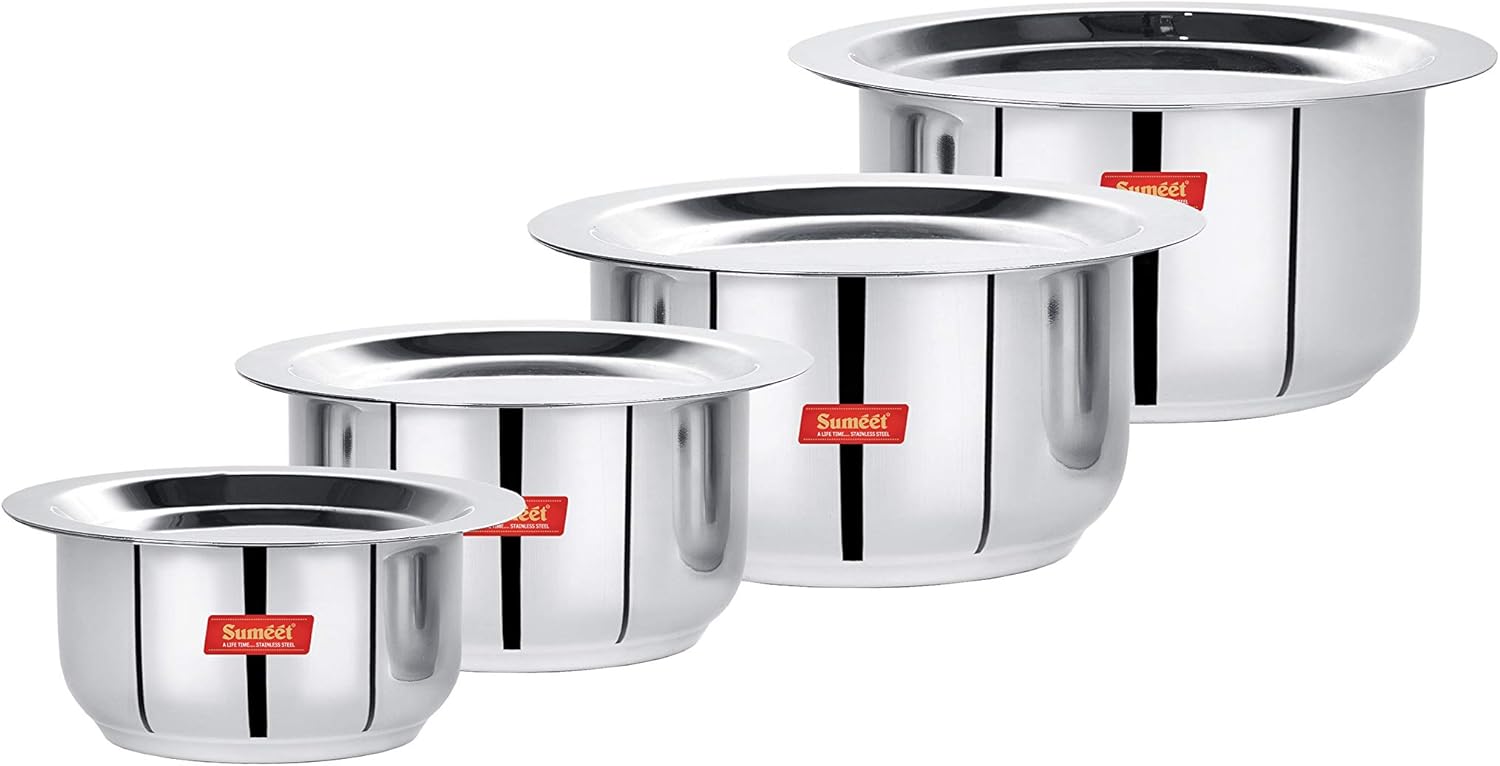 Sumeet Stainless Steel Mini to Small Size Flat Bottom Induction & Gas Stove Friendly Tope/Patila/Cookware Set of 4Pcs with Lids (370ML, 550ML, 800ML, 1100ML)