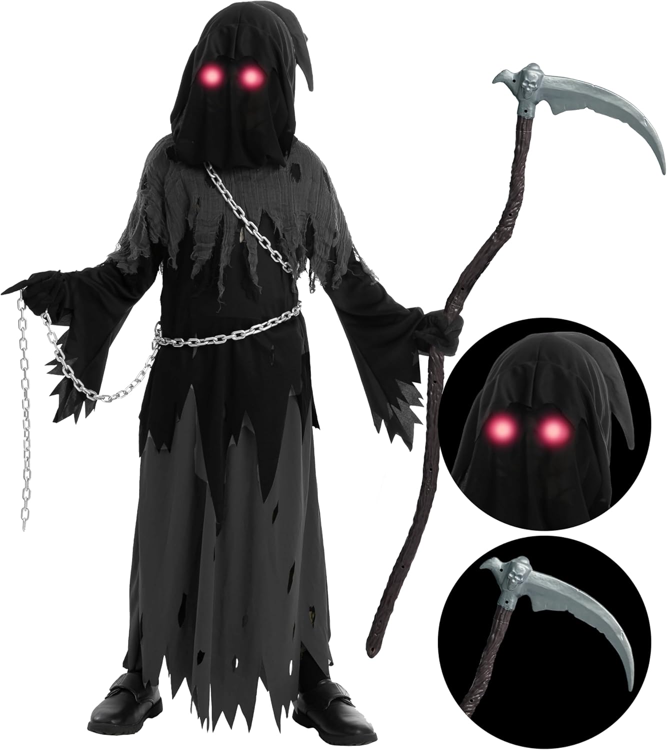 Spooktacular Creations Child Unisex Glowing Eyes Reaper Costume for Creepy Phantom Halloween Costume