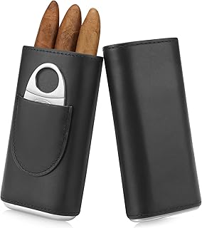Ringsun Genuine Leather Cigar Cases - 3 Finger Cigar Case Travel Cigar Holders for Men Cigar Accessories with Cedar Wood Lining & Stainless Steel Cigar Cutter (Black)