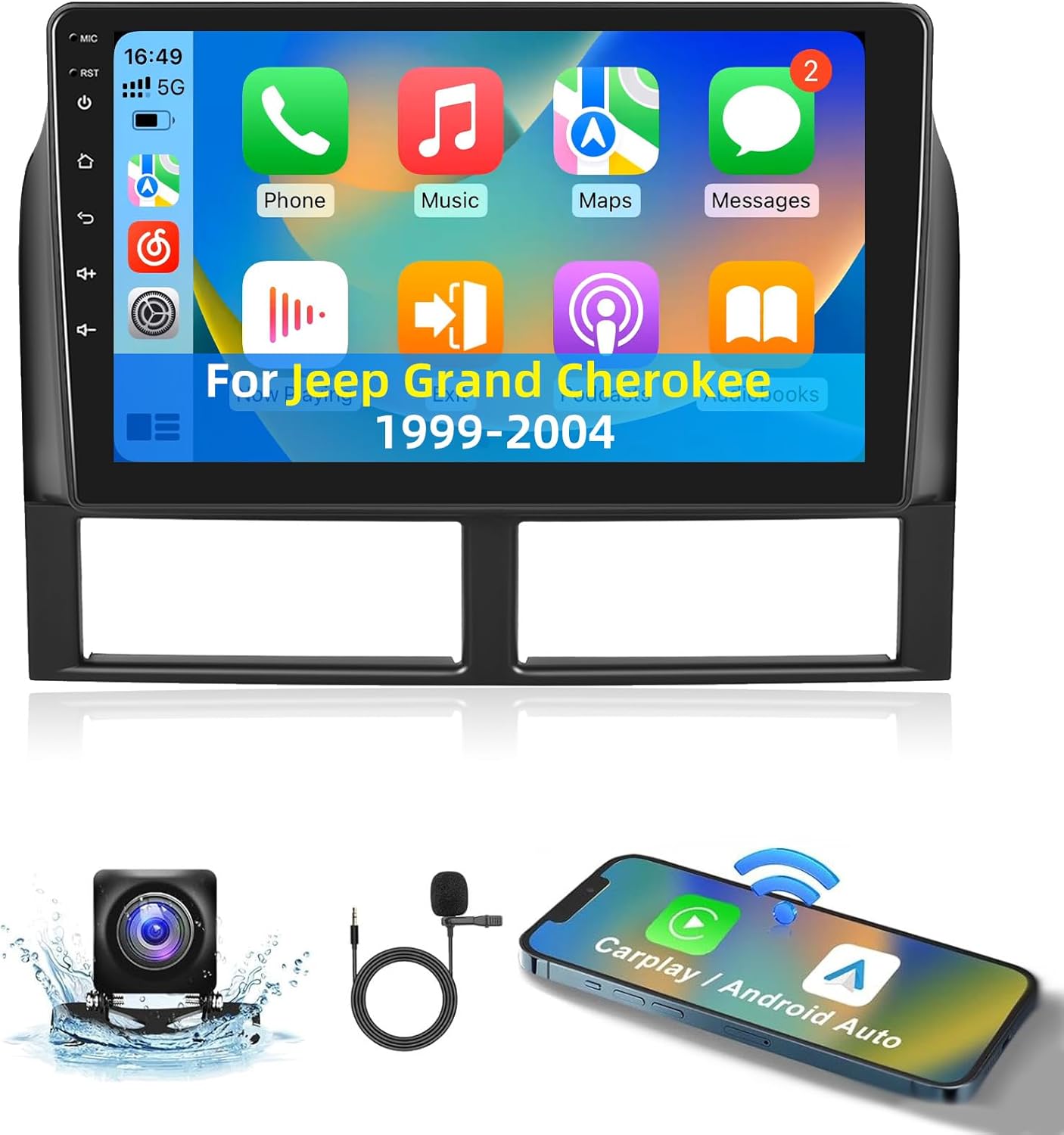 EKAT Android 4G+64G Car Radio for Jeep Grand Cherokee 1999-2004 - 9 Inch HD Touch Screen Stereo with Wireless Carplay & Android Auto - 32 EQ DSP/WiFi/GPS/SWC/Split Screen + AHD Rear View Camera
