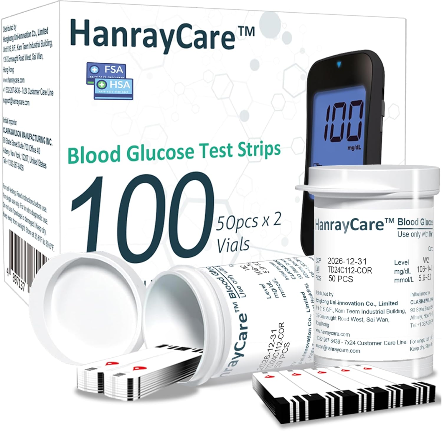 TD-4125 Blood Glucose Test Strips for Diabetes, 100 Count Blood Sugar Test Strips, Designed for Use with HanrayCare Glucose Monitoring System, Accurate Self-Testing, No Coding Required