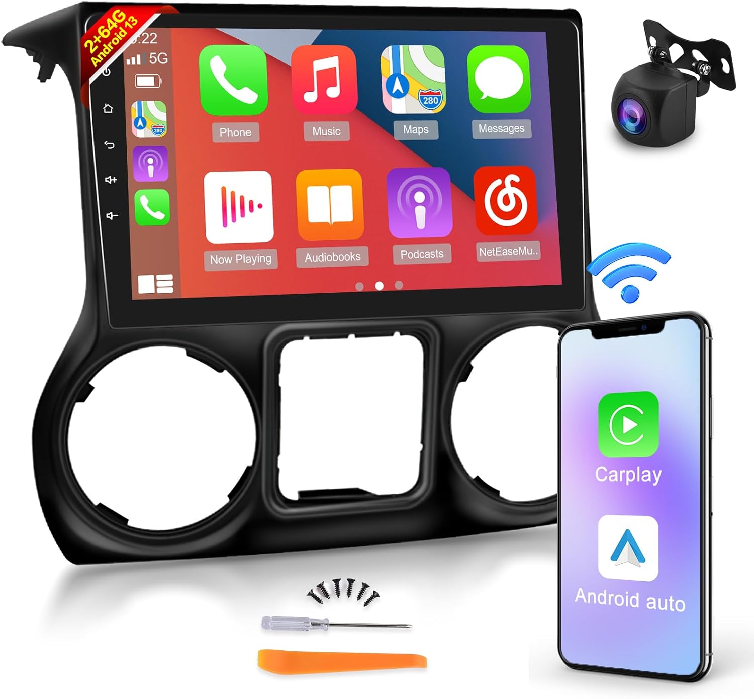 EKAT Android 13 2GB+64GB Car Radio for Jeep Wrangler 2015 2016 2017, 10.1 Inch Touch Screen for Car Play Stereo, Carplay and Android Auto/Wi-Fi/Bluetooth/1080P + AHD+ Rear View Camera