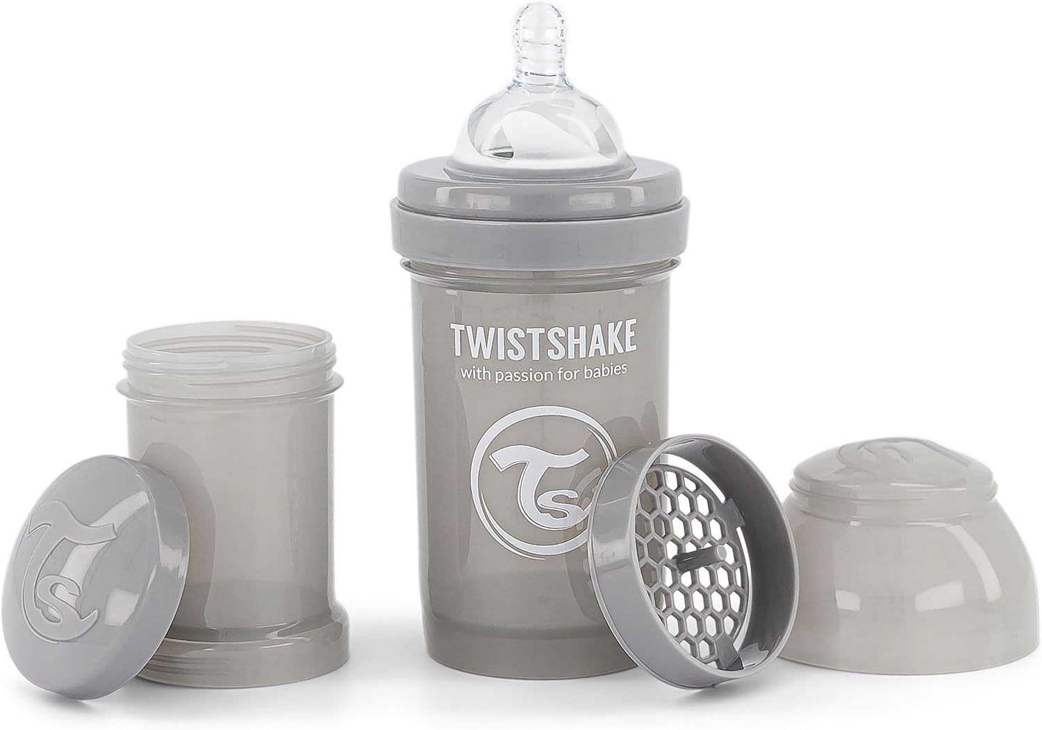 Twistshake Anti-Colic Baby Bottle with Milk Powder Container and Mixer - 180ml | Slow Flow Silicone Breast-Like Nipple | BPA- Free Baby Milk Bottle | Suitable for Newborn Babies (0+) | Grey