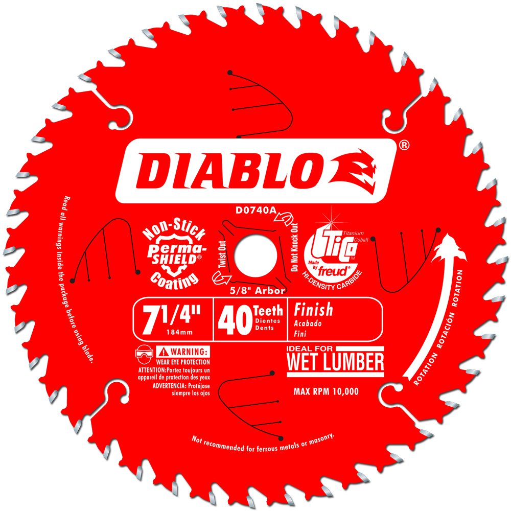 Diablo Finish Saw Blade - 7-1/4" Dia., 40 ATB, 5/8" Arbor, 8000 Max RPM | Ideal for Smooth Crosscuts in Hardwood, Softwood & Plywood - Tico Hi-Density Carbide, Perma-Shield Coating - D0740A