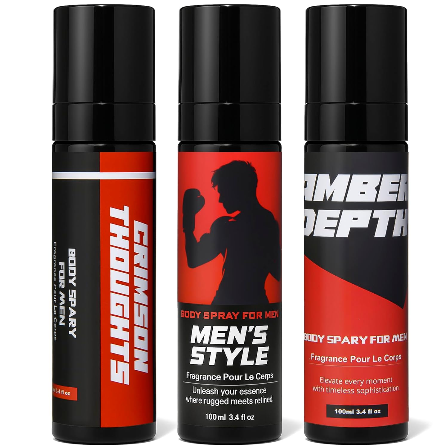 Clean-n-Fresh Body Spray for Men, Long Lasting Mens Body Spray Set, Pack of 3, Each 3.4 FL OZ, Notes of Lemon, Musk, Leather, Amber