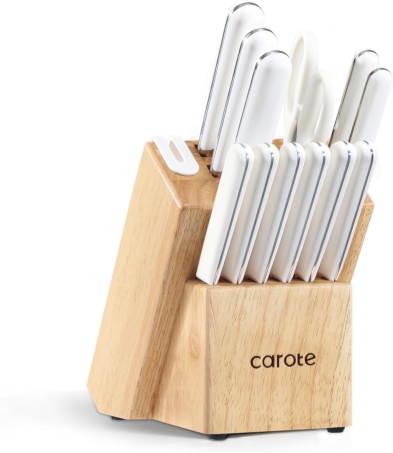 CAROTE 14PCS Kitchen Knife Set with Block, Stainless Steel Blade Knife Block Set, Knife Set with Built-in Sharpener, Razor-Sharp,White