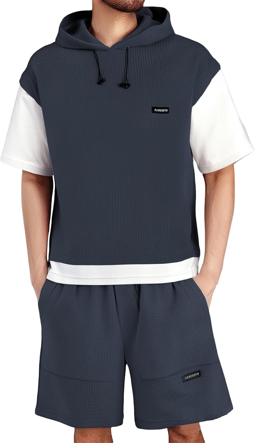 Men'S Tracksuits Full Set Short Sleeve Hooded 2 Piece Summer Outfits Suit Waffle Texture Pullover Tracksuit Set Hoodie Joggers Sets Contrast Color Patchwork Sport Sets Plus Size M-8Xl