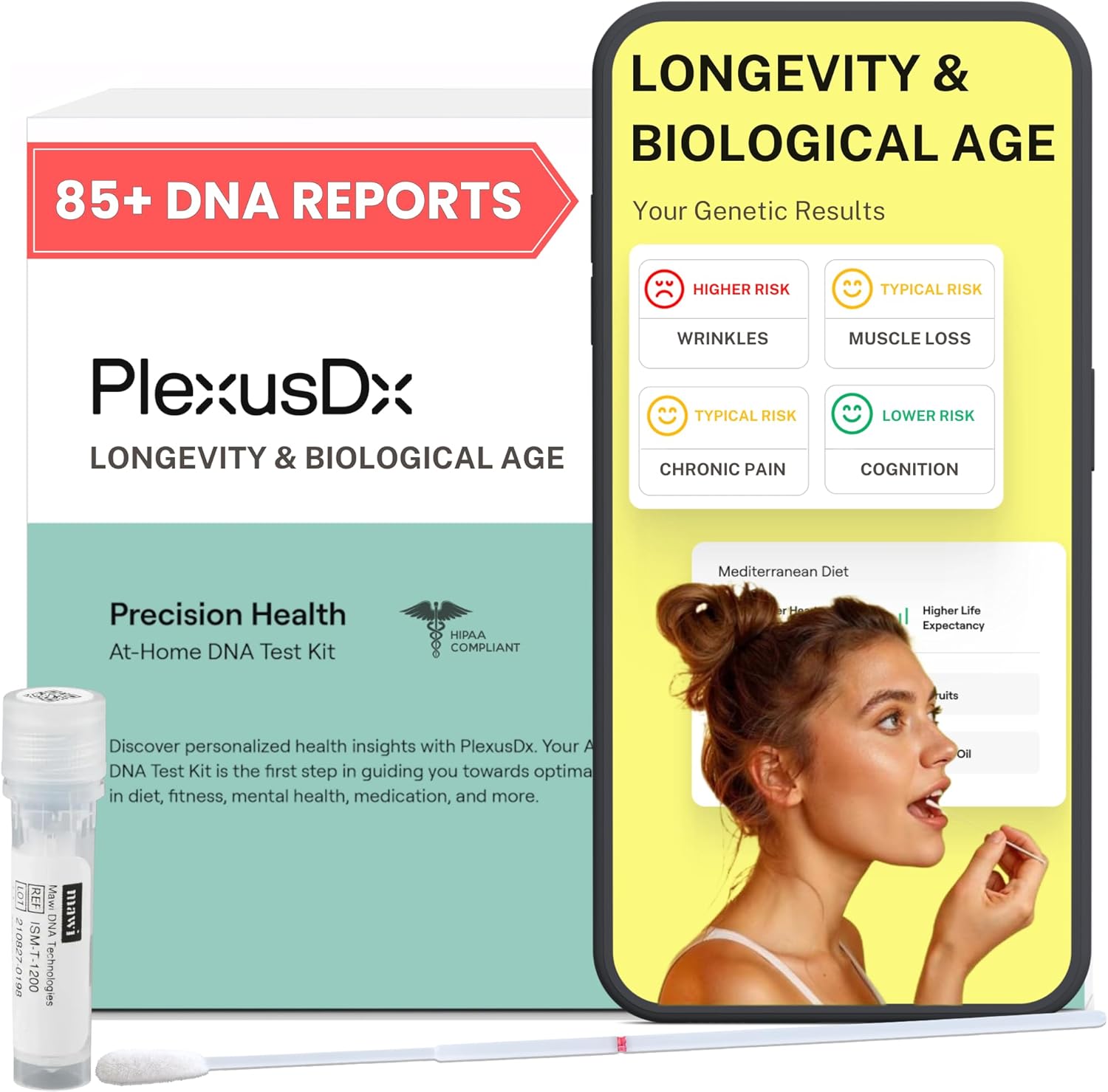 Longevity & Healthy Aging Genetic Test | 85+ DNA Reports Including Biological Age, Telomere Length, Cognition, and Lifespan | Custom Supplement, Diet, and Lifestyle Recommendations
