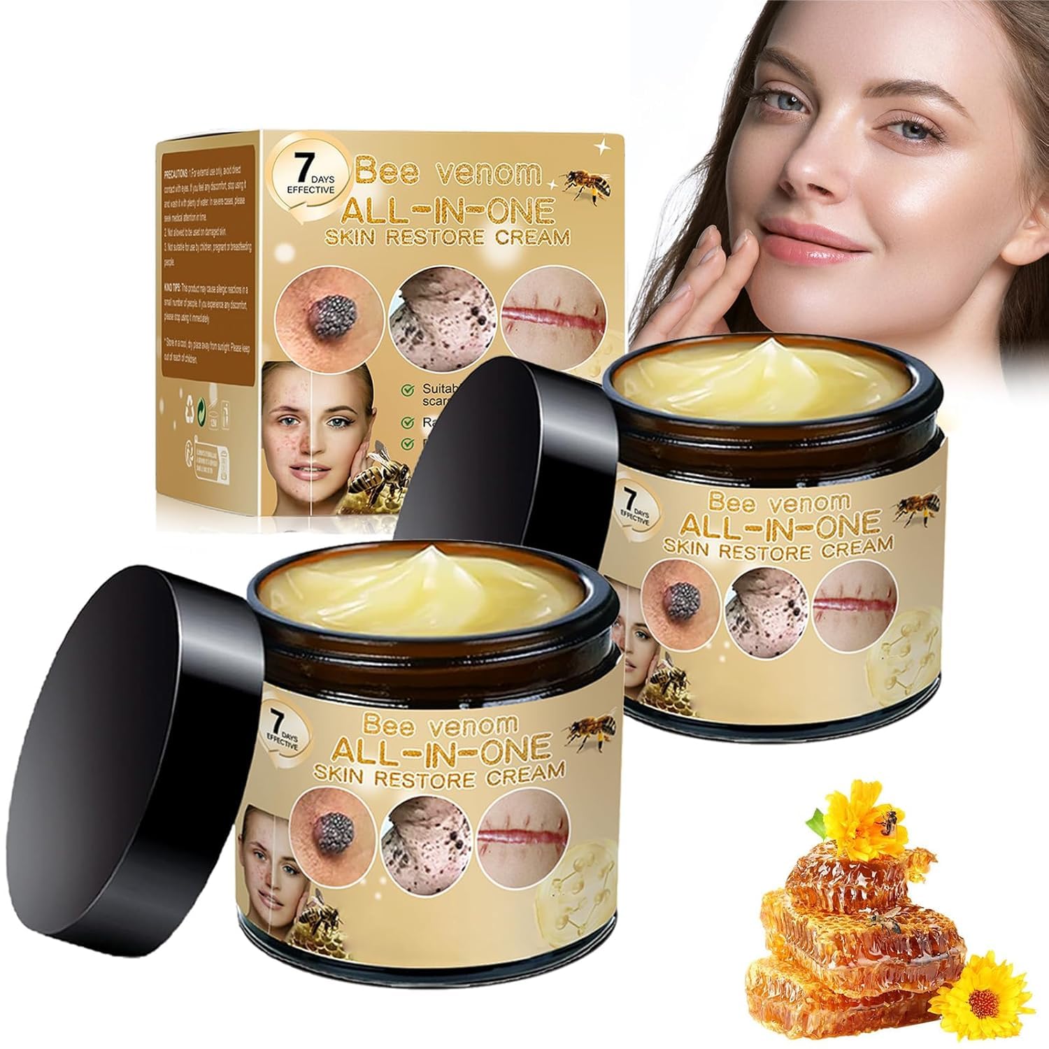 Bee Venom All-In-One Cream, Bee Venom Skin Treatment Cream, 2025 Comprehensive Care Repair, Wrinkle Removal, Moisturizing 2PC