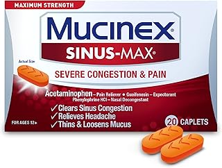 Mucinex Sinus Max Severe Congestion & Pain Relief, Maximum Strength Nasal & Sinus Relief, Decongestant for Adults, Acetaminophen Pain Reliever, Guaifenesin Expectorant and Mucus Removal, 20 Caplets