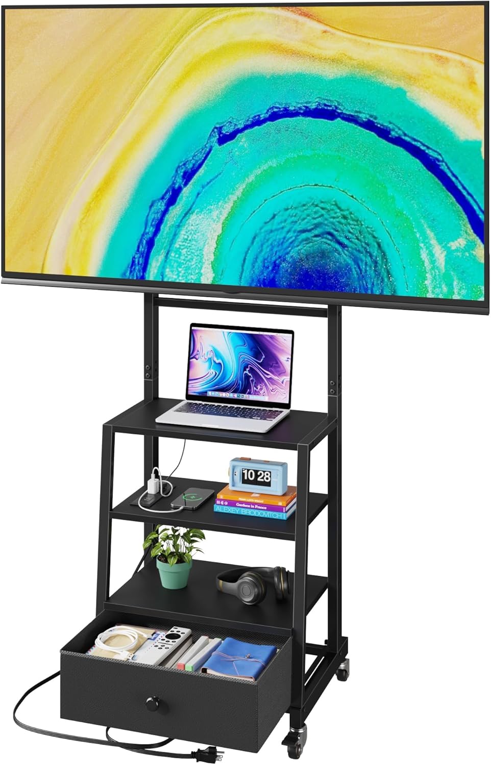 Rolling TV Stand with Wheels and Mount & Fabric Drawer for 32-75" TV - Entertainment Center with Power Outlet and Small TV Stand for Bedroom, Living Room - 18" Black (VESA 600mm × 400mm)