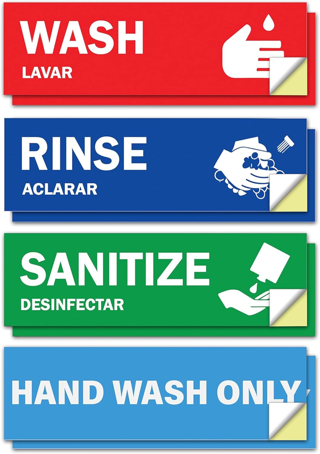 ASSURED SIGNS Wash Rinse Sanitize Sink Labels - 2 Pack - 2.75" x 9" - Also Includes Hand Wash Only Sign - Ideal Handwashing Signs for 3 Compartment Sink - Perfect Label Stickers for Restaurant, Commercial Kitchen, Food Truck, Bussing Station, Wash Station