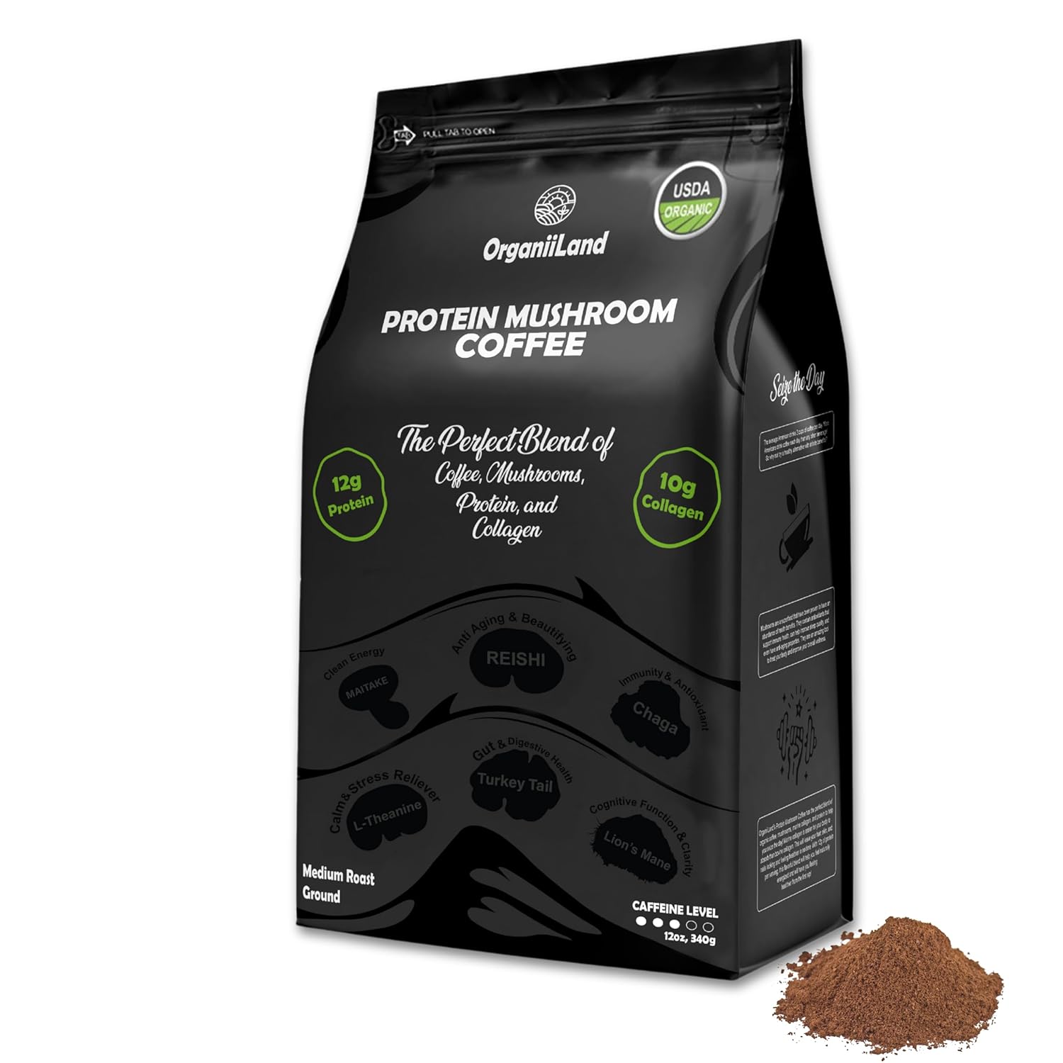 Protein Mushroom Coffee by OrganiiLand | Ground Coffee with Collagen, Lion's Mane, Chaga, Turkey Tail, Reishi, Maitake, L-Theanine | Focus, Energy, Immunity, and Digestion