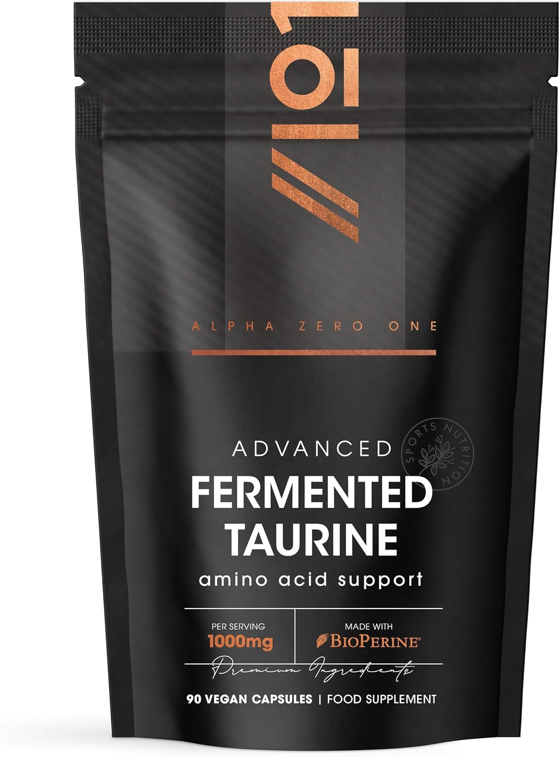 Fermented L-Taurine 1000mg with BioPerine® - 90 Vegan Capsules - High Strength Energy & Endurance Sports Supplement - 3 Months Supply by Alpha01
