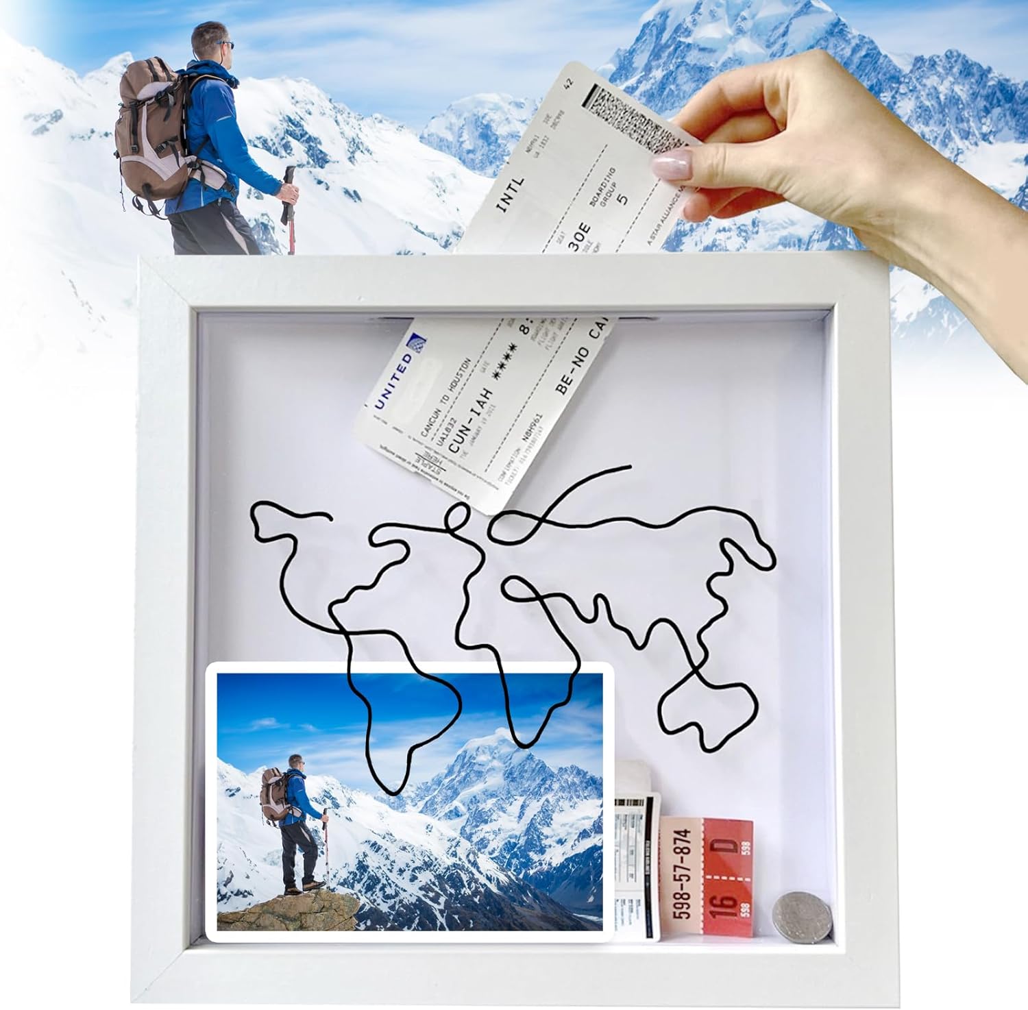 Large Size 30 cm Adventure Archive Box Frame | White Travel Memory Box for Ticket Collection | Wood Frame Travel Ticket Box | Shadow Box Frame for Movie, Sporting and Various Types of Memory Tickets