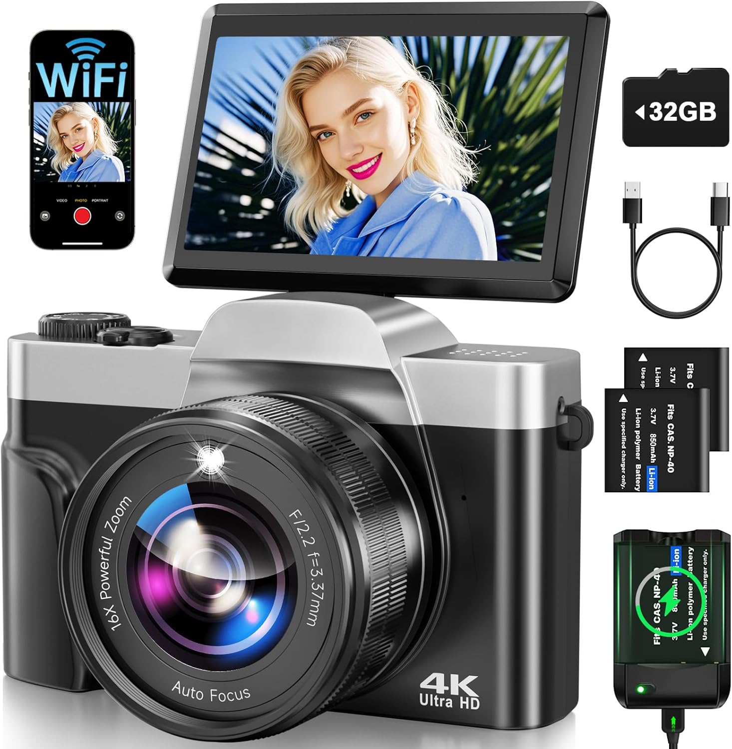 4K Digital Camera for Photography with WiFi 64MP Auto-Focus Vlogging Camera for YouTube Video 3'' 180° Flip Screen 4K Cameras 16X Zoom Anti-Shake Compact Point and Shoot Cameras with SD Card