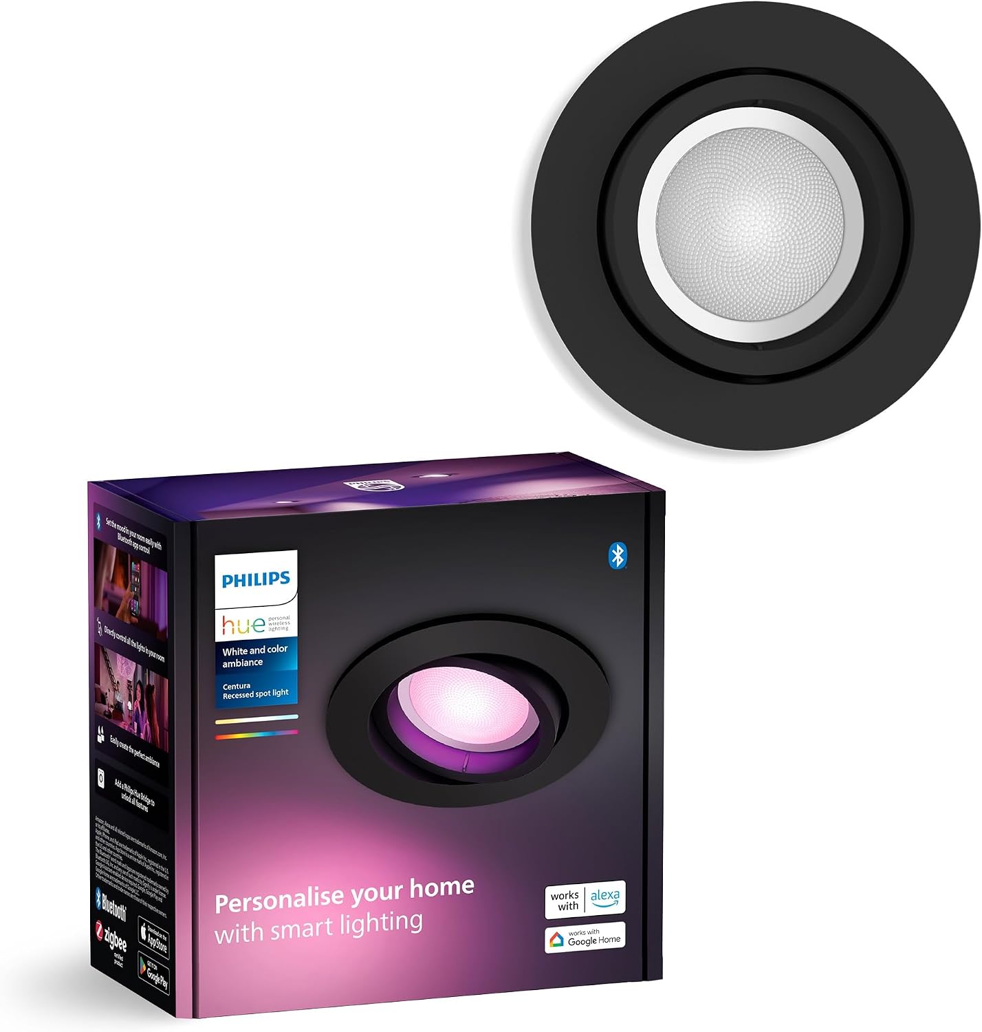 Philips Hue White & Color Ambiance Centura Round downlights 1 Pack, dimmable Ceiling Lights for Hue Lighting System with 16 Million Colours, Intelligent Light Control via Voice and app, Black.