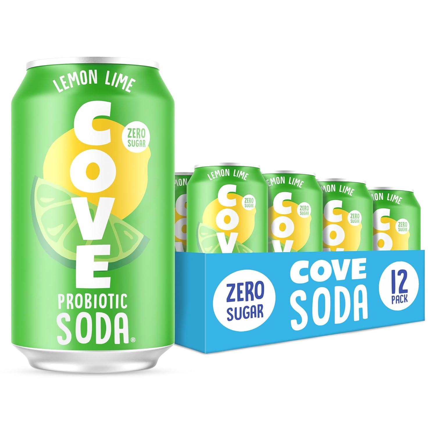 Cove Soda Lemon Lime Flavor, 12-Pack - Probiotic Soda - Zero Sugar, Naturally Sweetened, Caffeine-Free & Gluten-Free