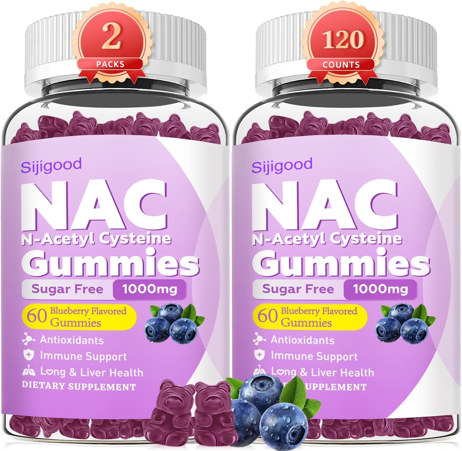 1000mg NAC Gummies for Kids & Adults - NAC Supplement N Acetyl Cysteine Dietary Gummies Support Respiratory & Liver Health, Antioxidants & Immune System, Blueberry Flavor 120 Count