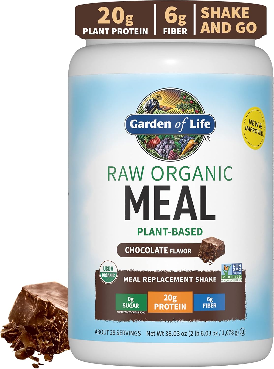 Garden of Life Organic Vegan Meal Replacement - Raw Plant Based Protein Powder, Chocolate, 35.9oz (2lb 4oz/1,017g) Powder
