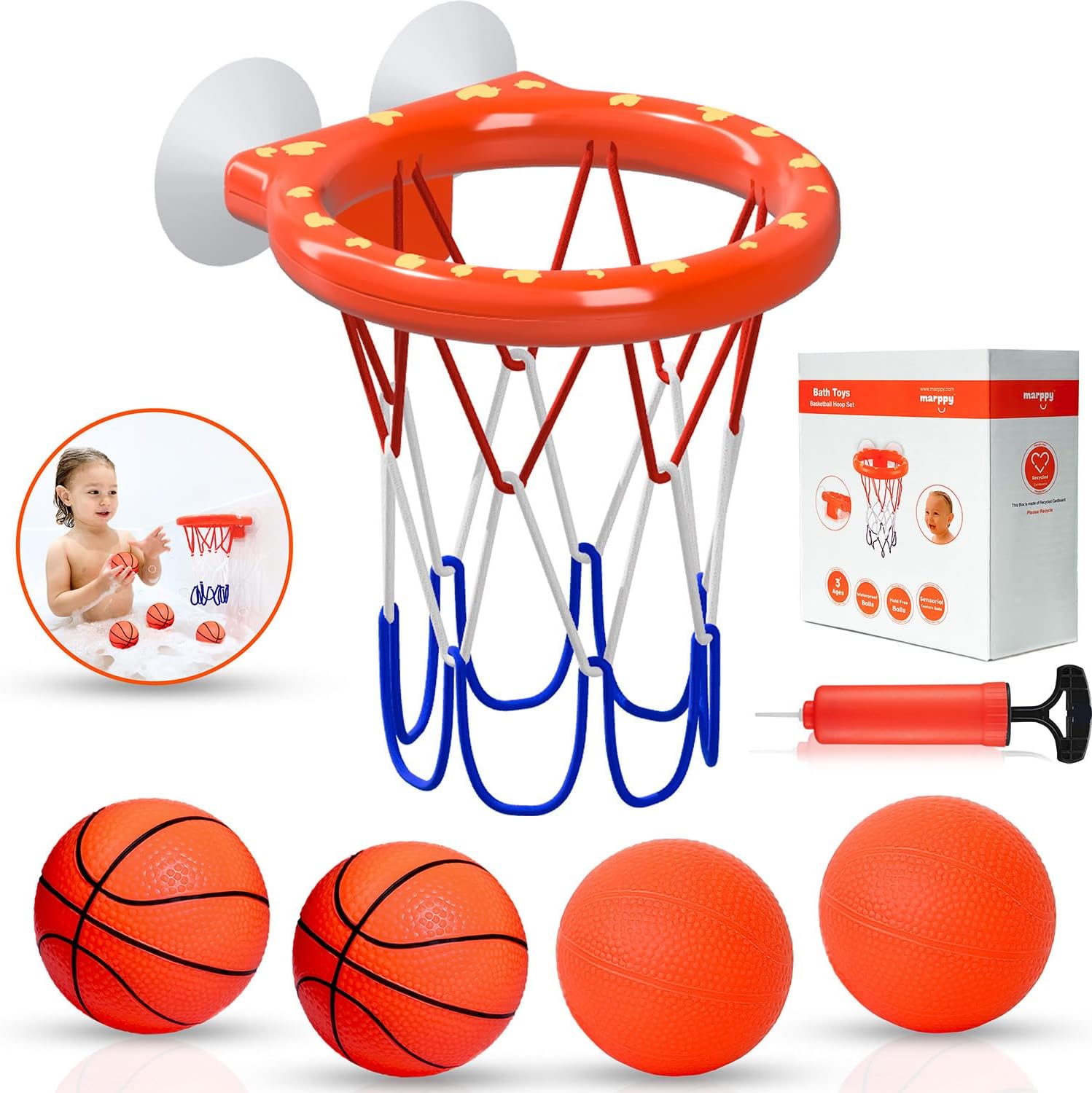 ​Bath Toys – Bathtub Basketball Hoop for Toddlers and Kids, Mold-Free Shower Toy with 4 No-Hole Balls, Fun Bathtub Toys for Boys and Girls