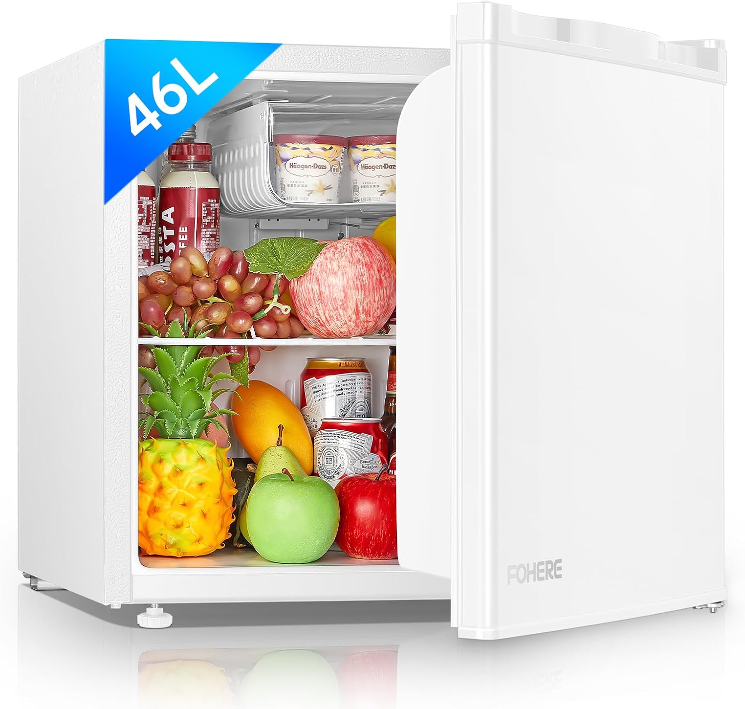 FOHERE Table Top Larder Mini Fridge, 46 Litre Capacity, Quiet Running 42dB, 0 to 7 Adjustable Temperature Control & Legs, Reversible Door, White