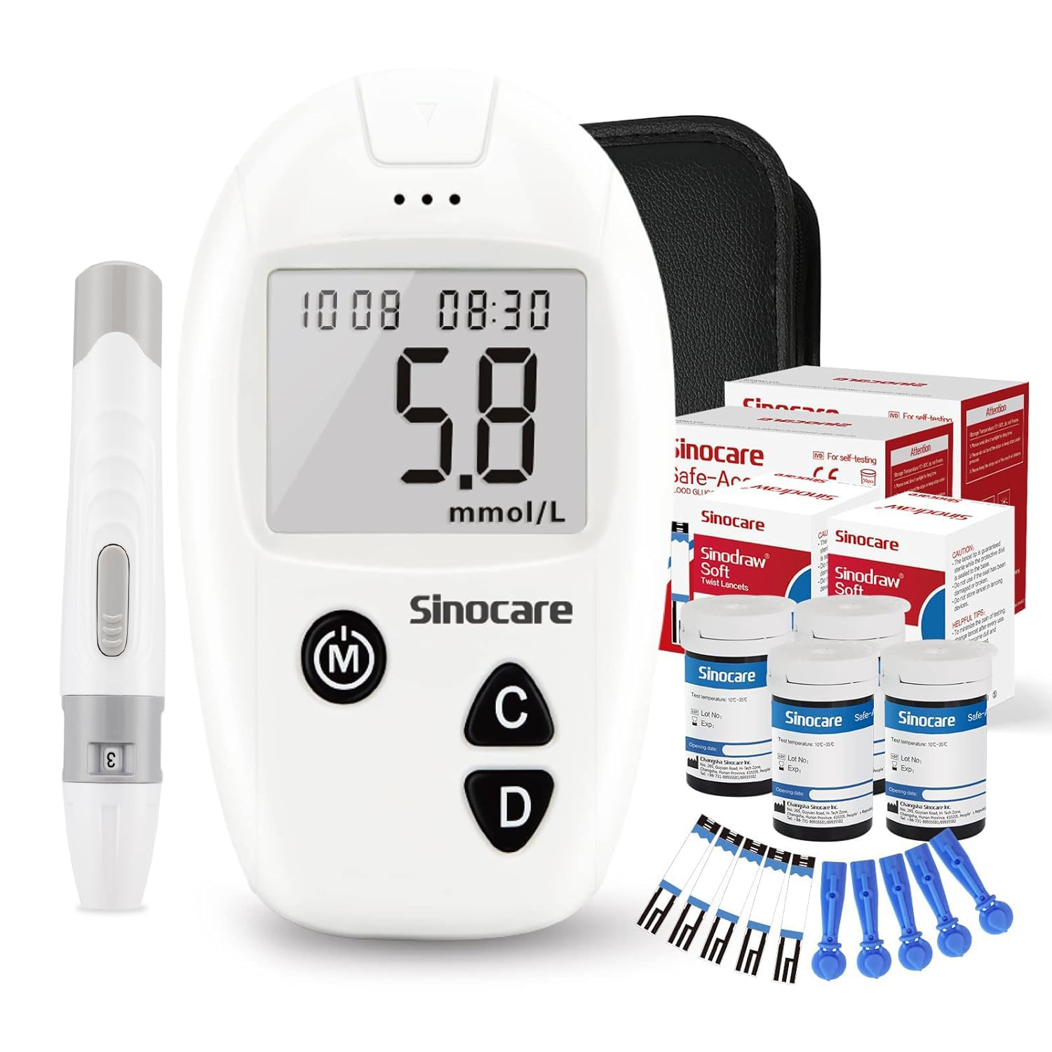 sinocare Diabetes Testing Kit/Blood Glucose Monitor Safe-Accu Blood Glucose Sugar Test Kit with Strips x 100 & Lancing Devices x 100 & Case for UK Diabetics -in mmol/L
