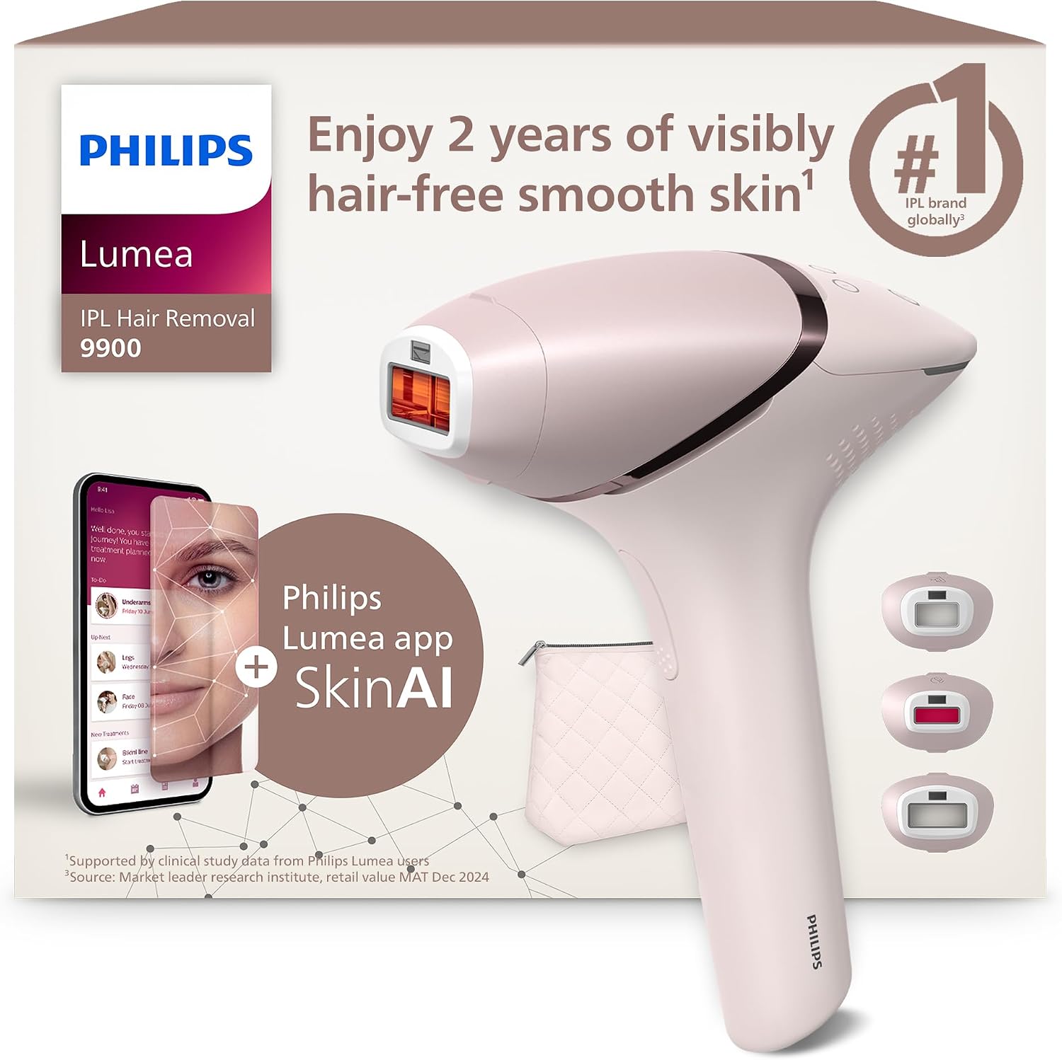 Philips Lumea 9900 Series, IPL Hair Removal Device, Laser Hair Removal Alternative, SenseIQ and SkinAI Technology, 3 Attachments for Body, Face and Precision Areas, Corded & Cordless Use, BRI953/02