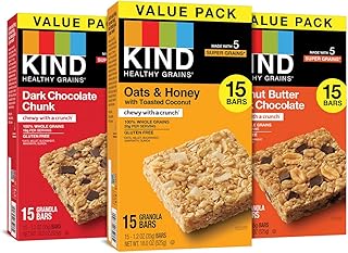 KIND Healthy Grains Bars, Variety Pack, Dark Chocolate Chunk, Oats & Honey, Peanut Butter Snacks, Gluten Free, 45 Count