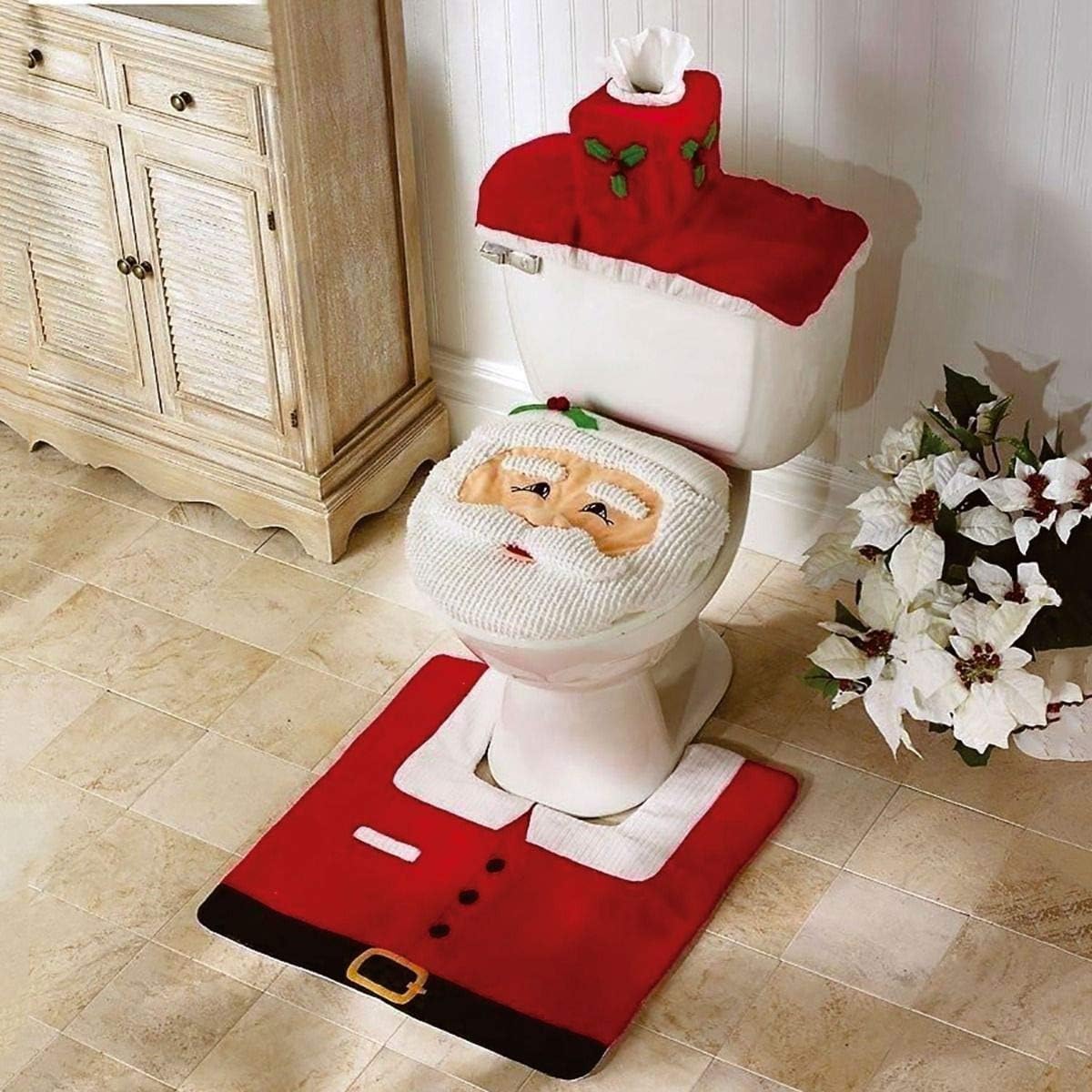 Rayinblue Christmas Decoration Novelty 3pc Christmas Festive Toilet Seat Cover, Tank & Rug Bathroom Decoration Set (Santa Claus)