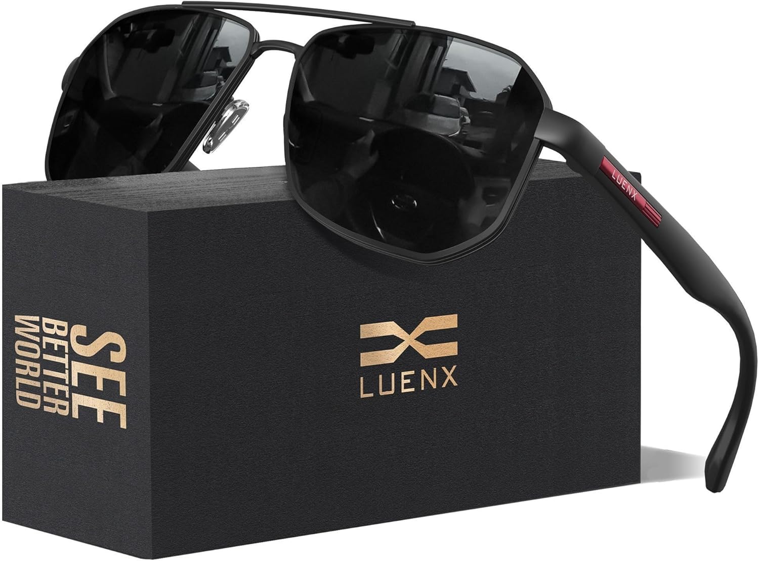 LUENX Aviator Sunglasses for Men Square Polarized Polygon Lens - UV 400 Protection with Accessories 61MM Driving Outdoor