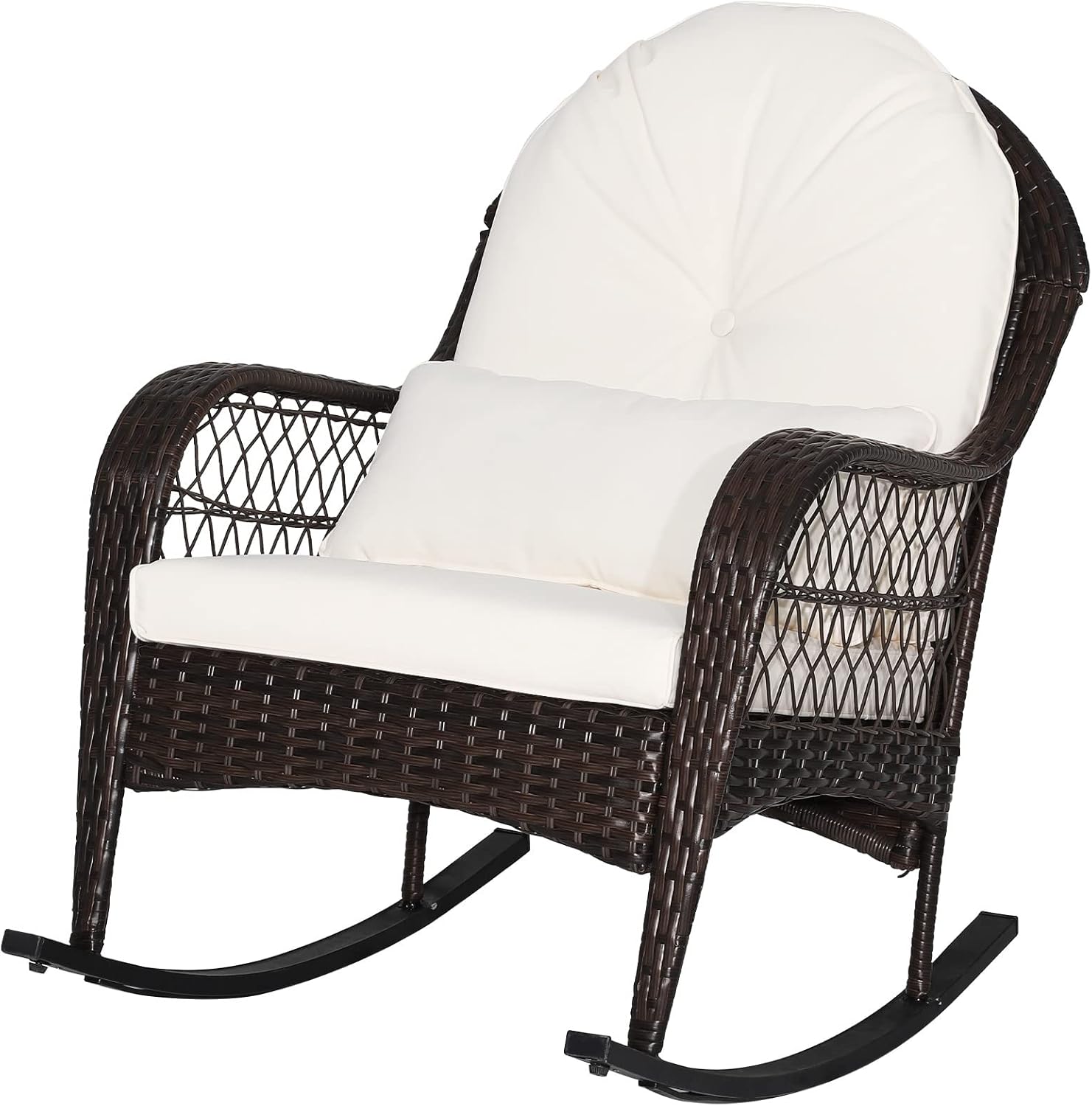 ORALNER Patio Wicker Rocking Chair, Outdoor PE Rattan Rocker with Seat and Back Cushion, Waist Pillow, Armrests, Garden Chair for Porch, Backyard, Poolside, Deck (1, Off White)