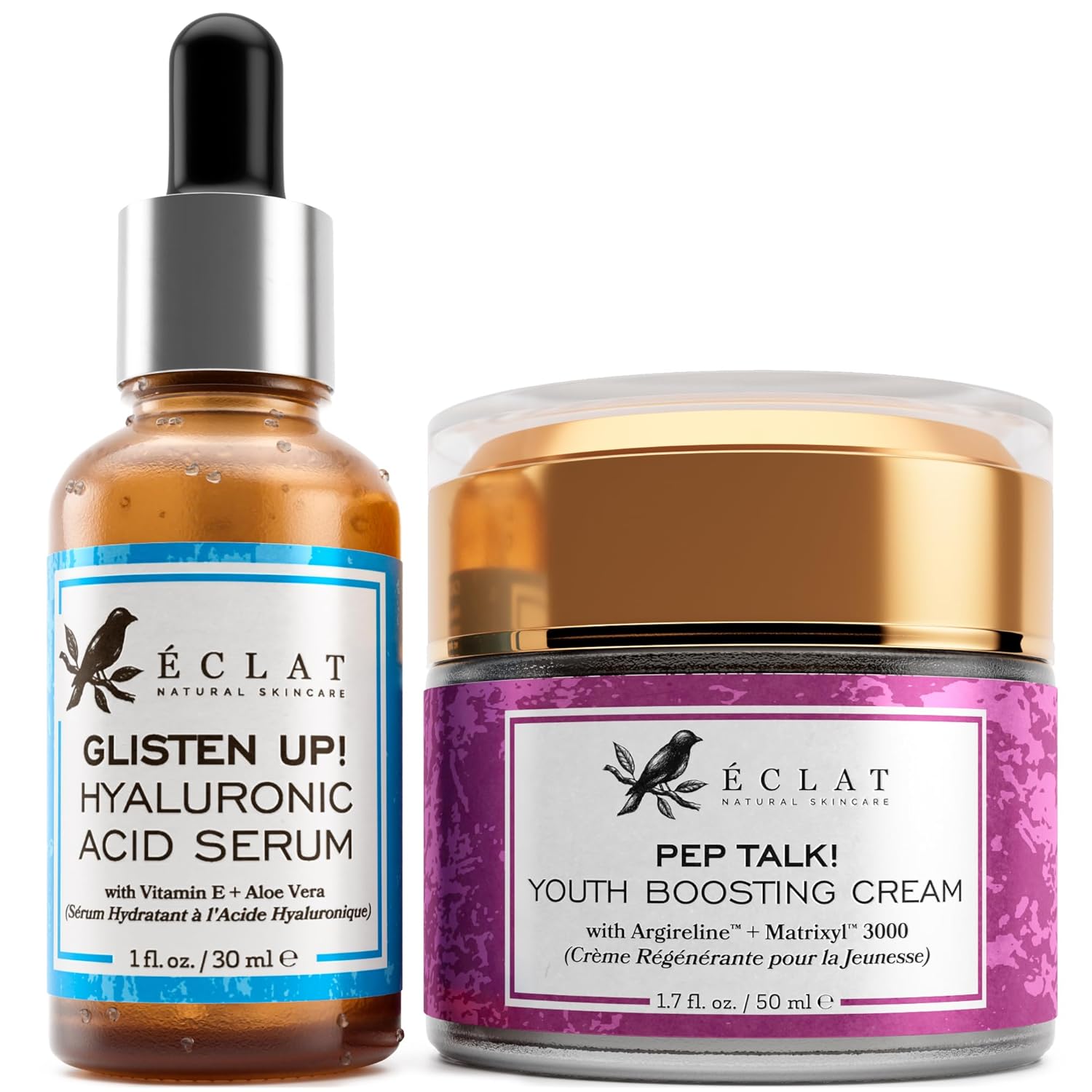 Eclat Skincare Firm & Plump Duo - 2.5% Hyaluronic Acid Serum and Collagen Youth Boosting Cream 1.7 fluid ouncefor Hydrating and Firming Skin