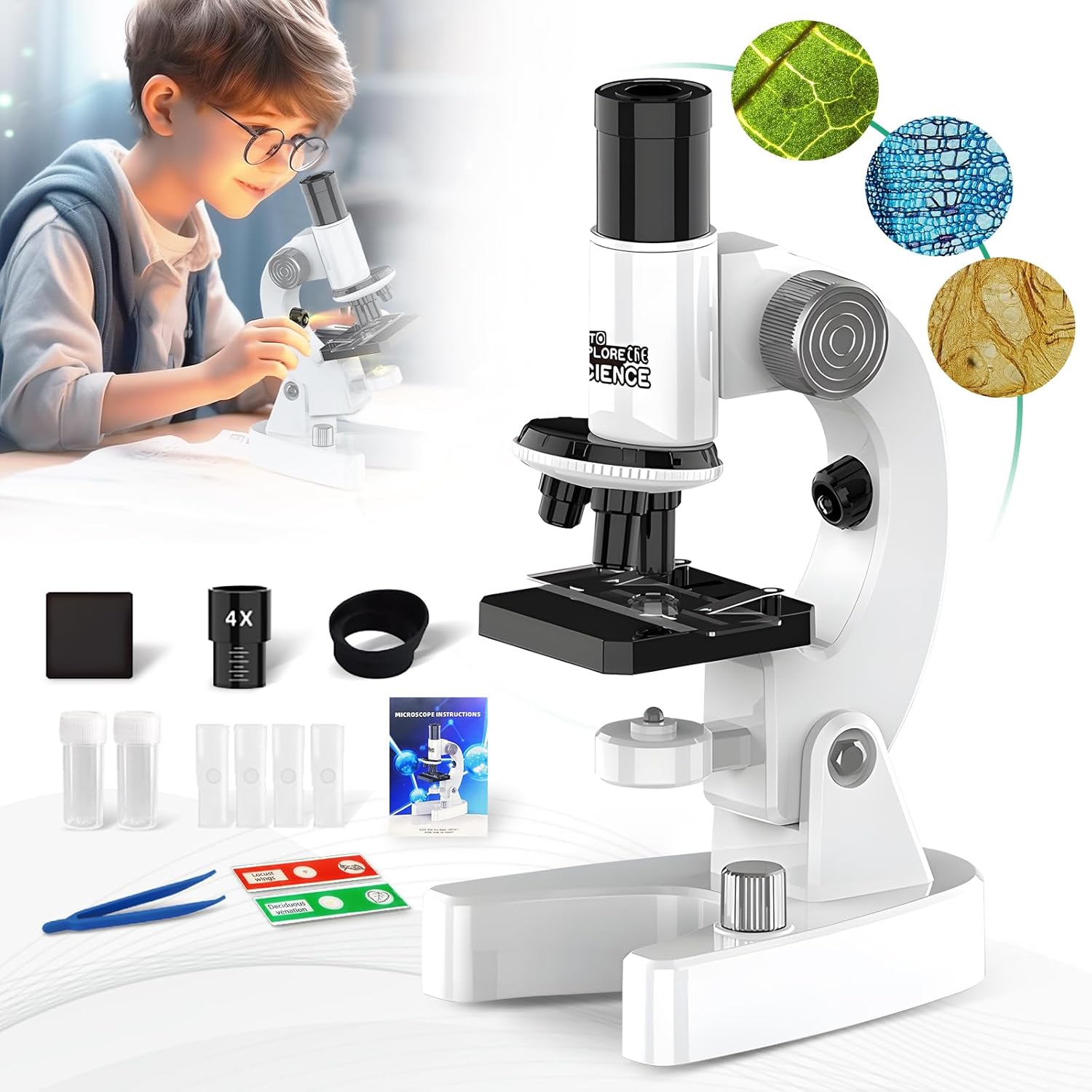 Microscope for Kids Talking Educational Science Kit for Children 200x-4800x with Slides and Accessories (White)