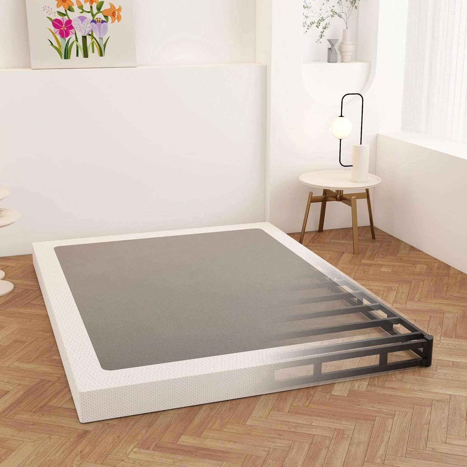 King Size Box Spring 4 Inch Low Profile, Heavy Duty Metal Box Spring Bed Base with Fabric Cover, Mattress Foundation, Easy Assembly, Noise Free, Black