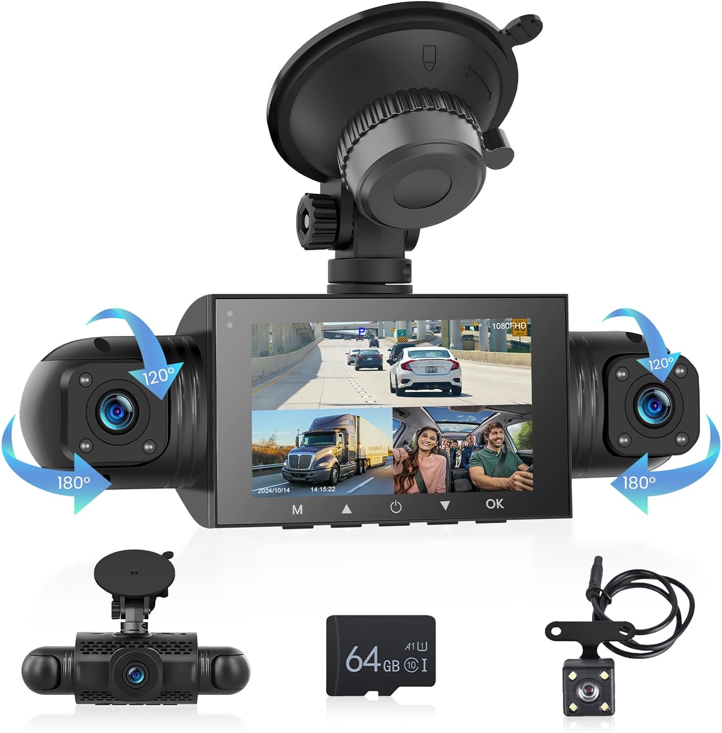 Hodozzy 360° Dash Cam Front and Rear Inside,4 Channel HD 4 * 1080P Dashcam for Cars,3 inch Car Camera with Parking Monitor, Night Vision, G-Sensor, Loop Recording, Wide Angle, 64GB Card